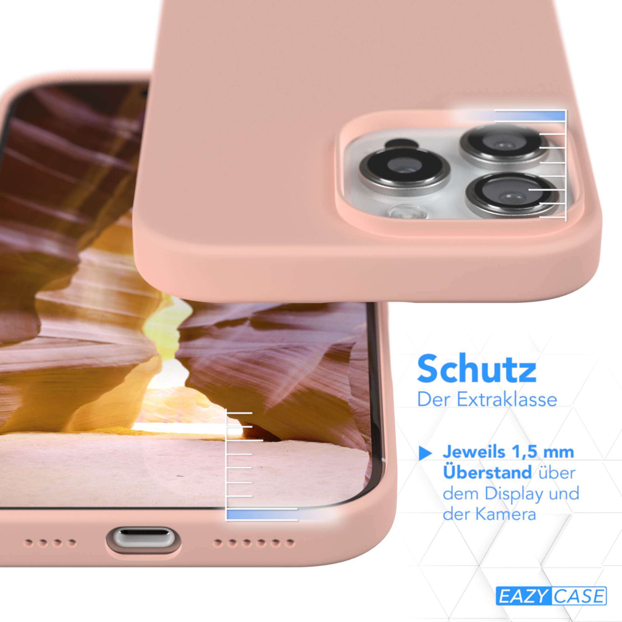 Rosa Handyhülle mit Handy-Bildschirm. Text: Schutz Der Extraklasse. Weißer Hintergrund.