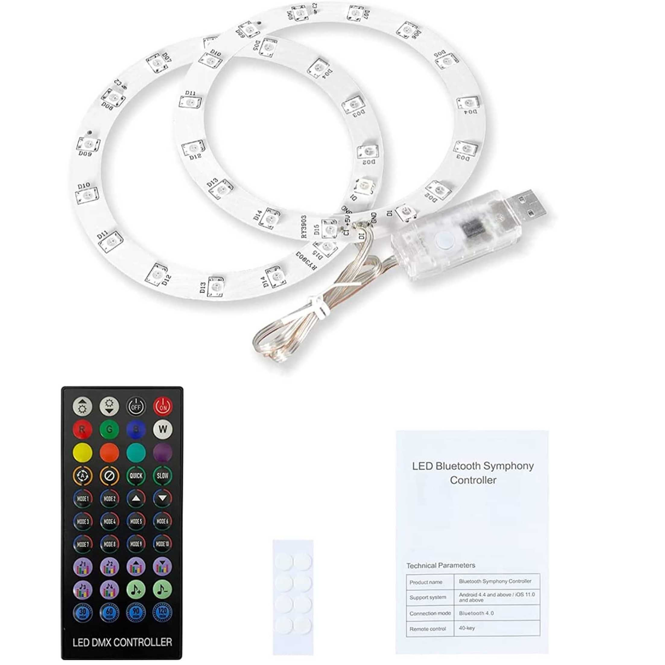Zwei beleuchtete LED-Ringe mit Lichtern, eine Fernbedienung und eine Steuerbox mit USB-Anschluss.
