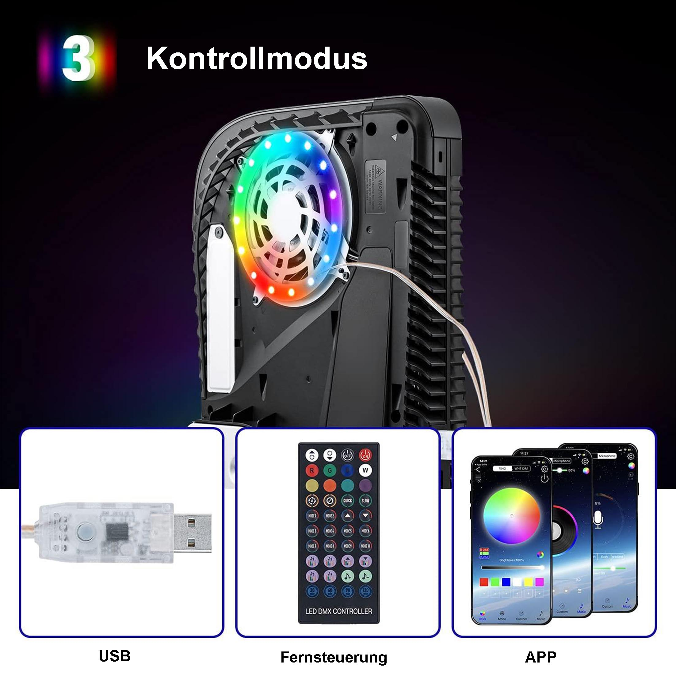 Gerät mit Lüfter und bunten Lichtern, USB, Fernbedienung und mobile App zur Steuerung.