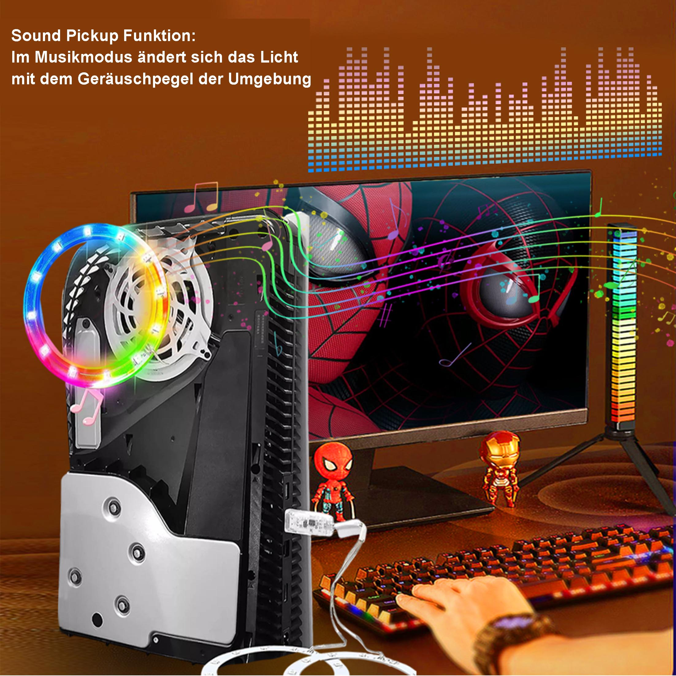 Computer-Setup mit Spider-Man-Monitor, Lautsprechern und Tastatur auf einem Schreibtisch.