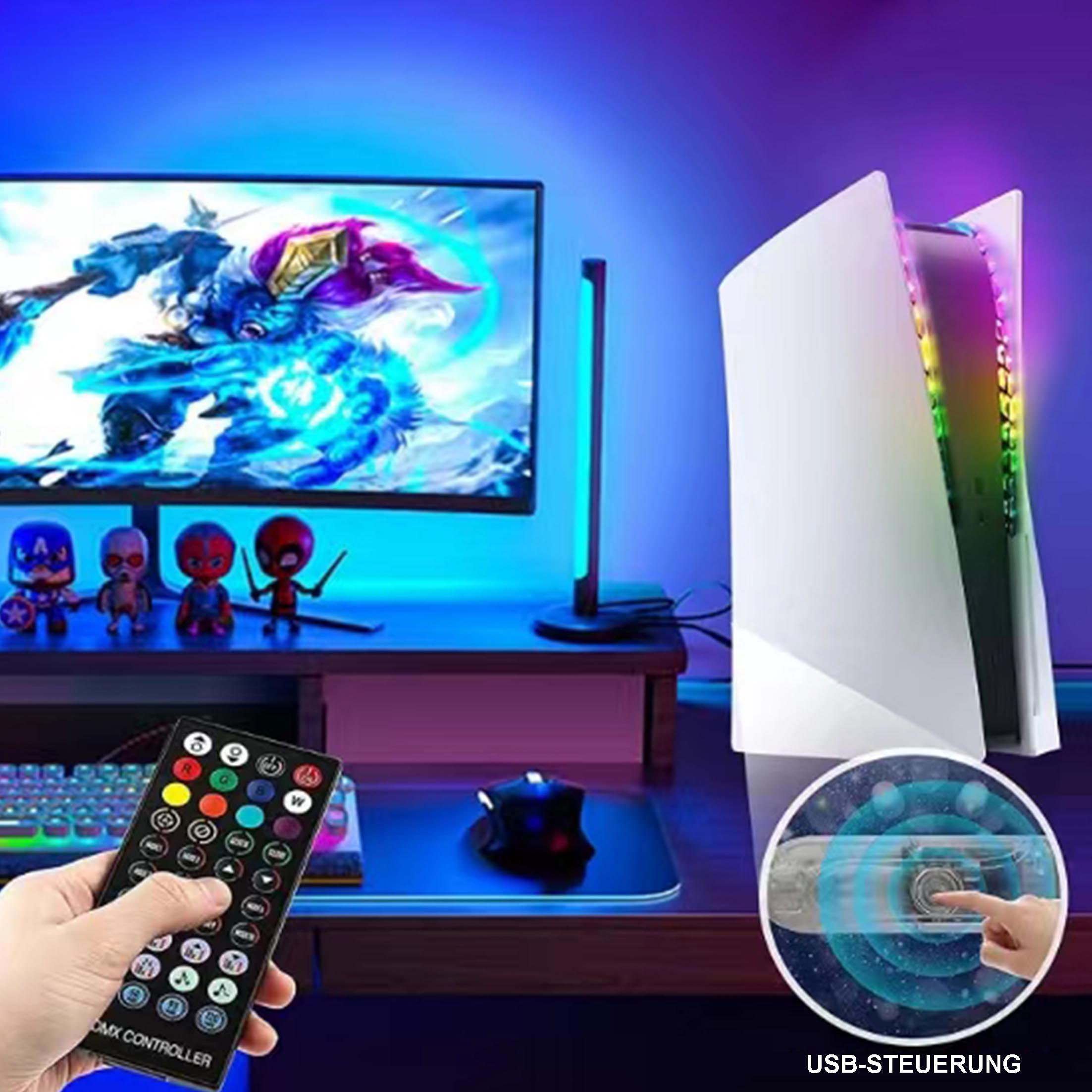 Gaming-Setup: Monitor mit Spiel, Konsole, Fernbedienung, Figuren, LED-Leuchten.
