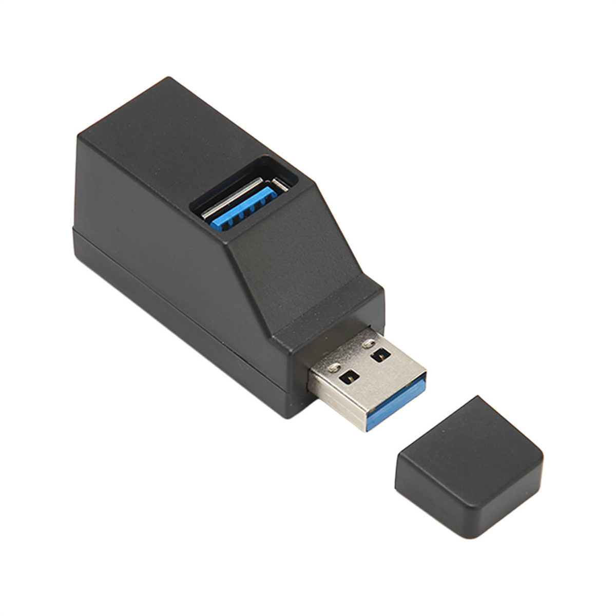 Schwarzer USB-Hub mit blauem USB-Anschluss. Abgenommene Kappe. Einfaches Design.