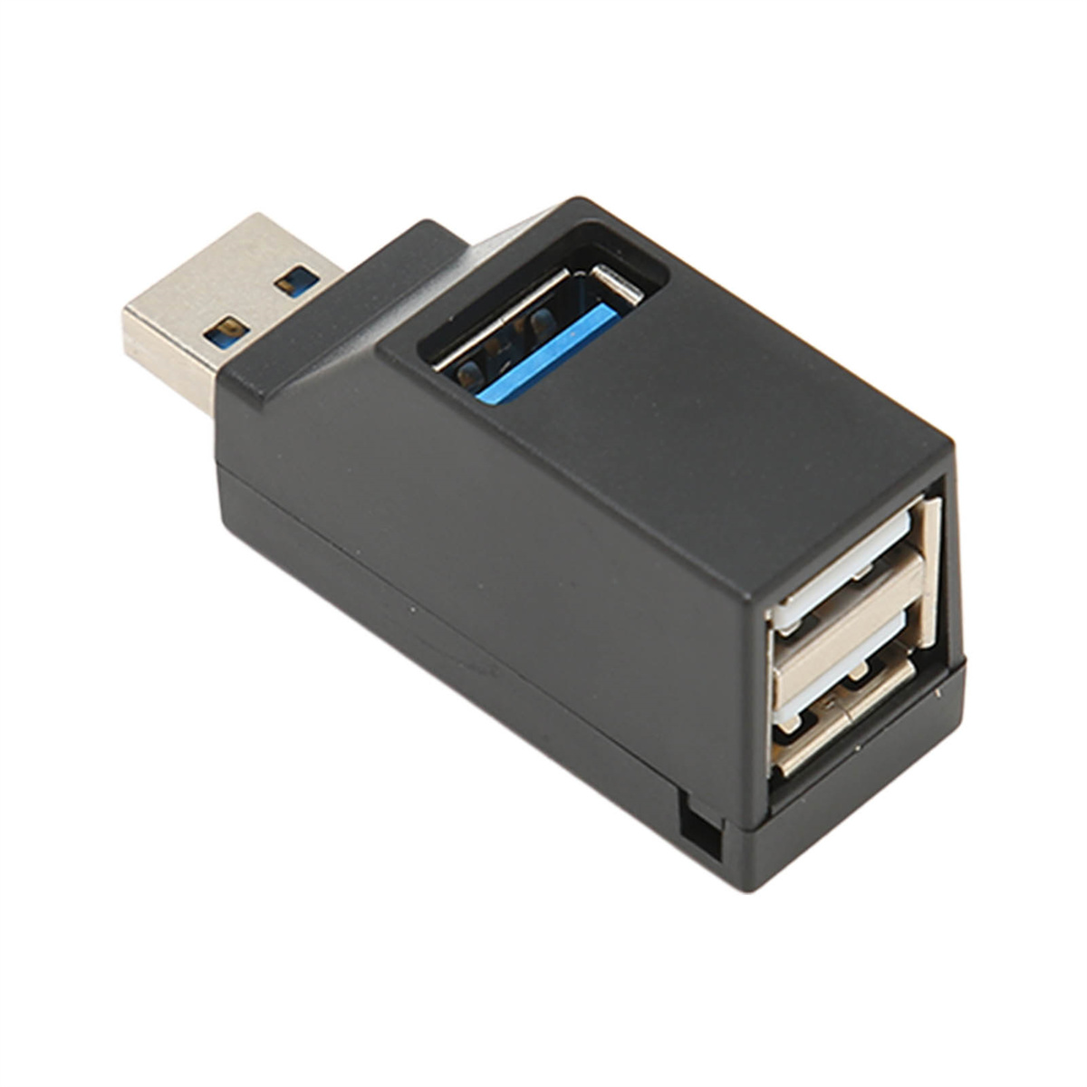 Schwarzer USB-Adapter mit zwei USB-Anschlüssen und einem einzelnen Stecker.