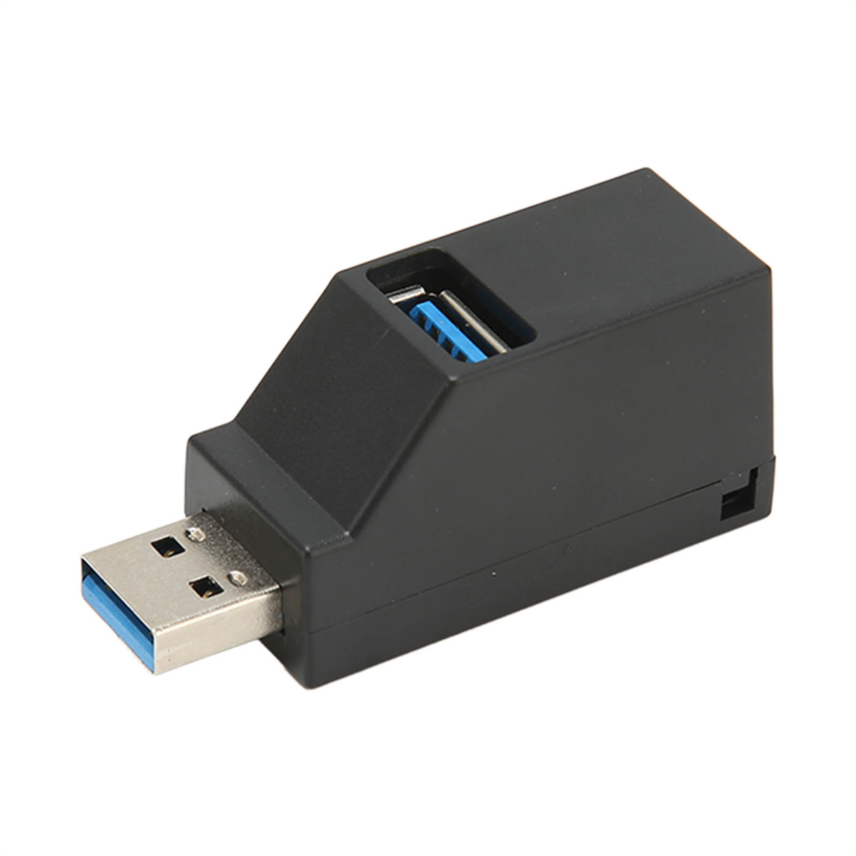 Schwarzer USB-Hub mit zwei USB-Anschlüssen und einem USB-Stecker.