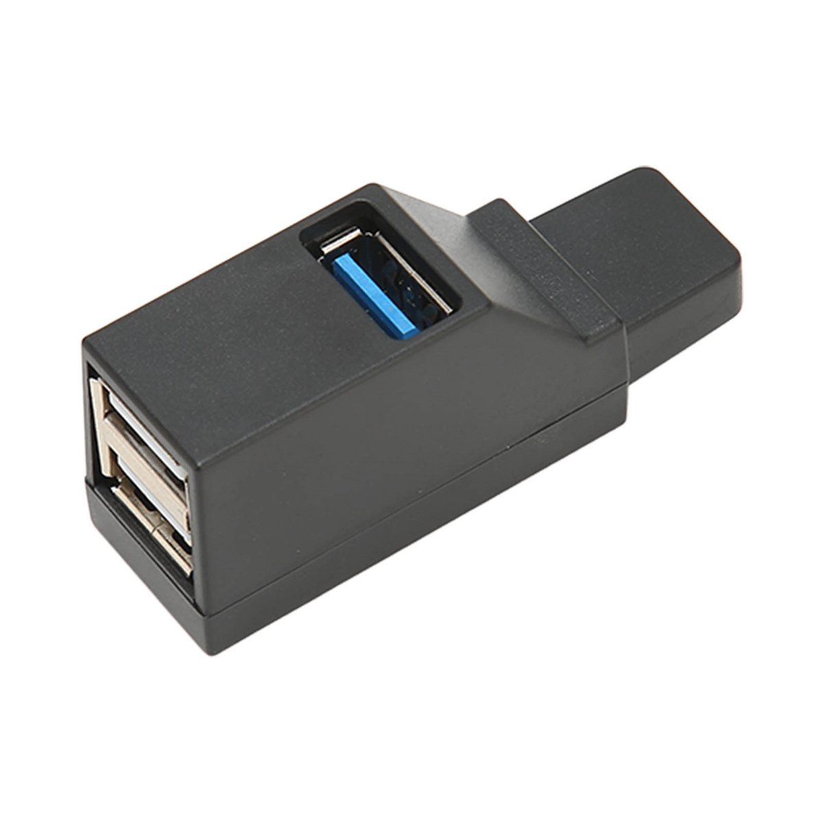 Schwarzer USB-Adapter. Er hat zwei USB-Anschlüsse und einen USB-Stecker.