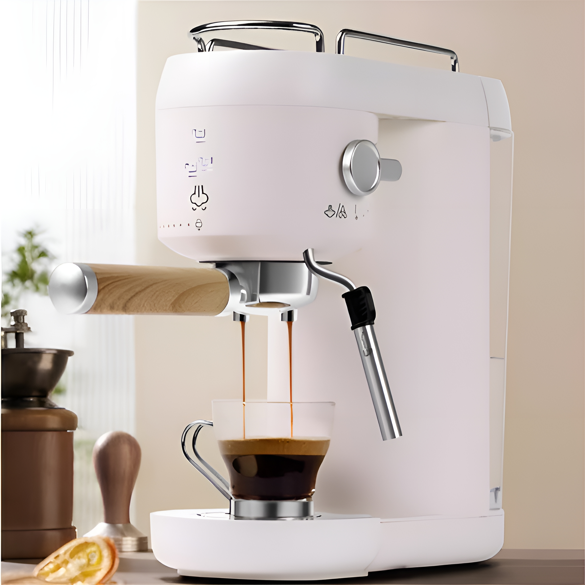 Eine weiße Espressomaschine mit Holzgriff, die Espresso in eine transparente Glastasse gießt.