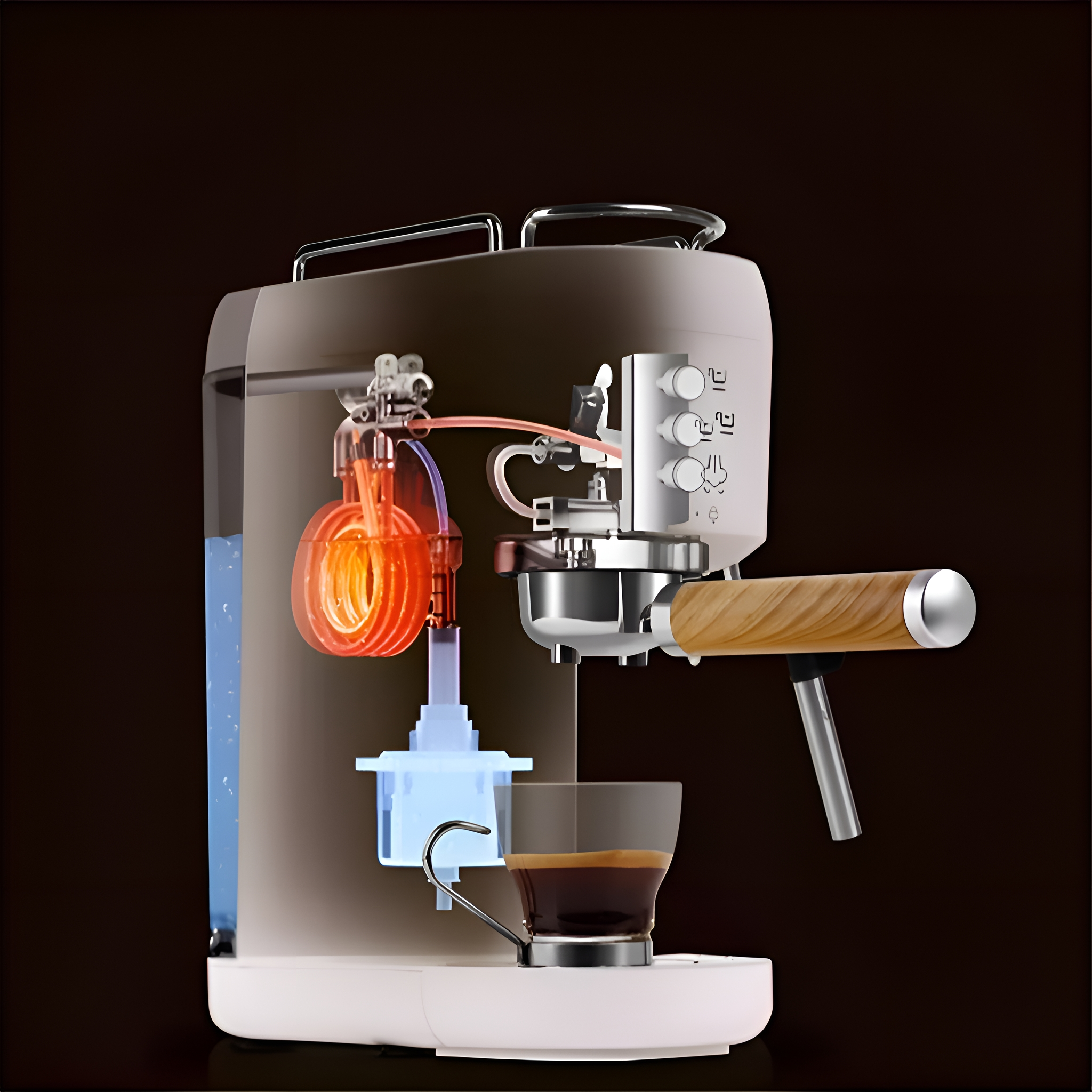 Espressomaschinen-Schnittmodell. Interne Komponenten sind sichtbar. Eine Tasse Kaffee auf der Plattform.