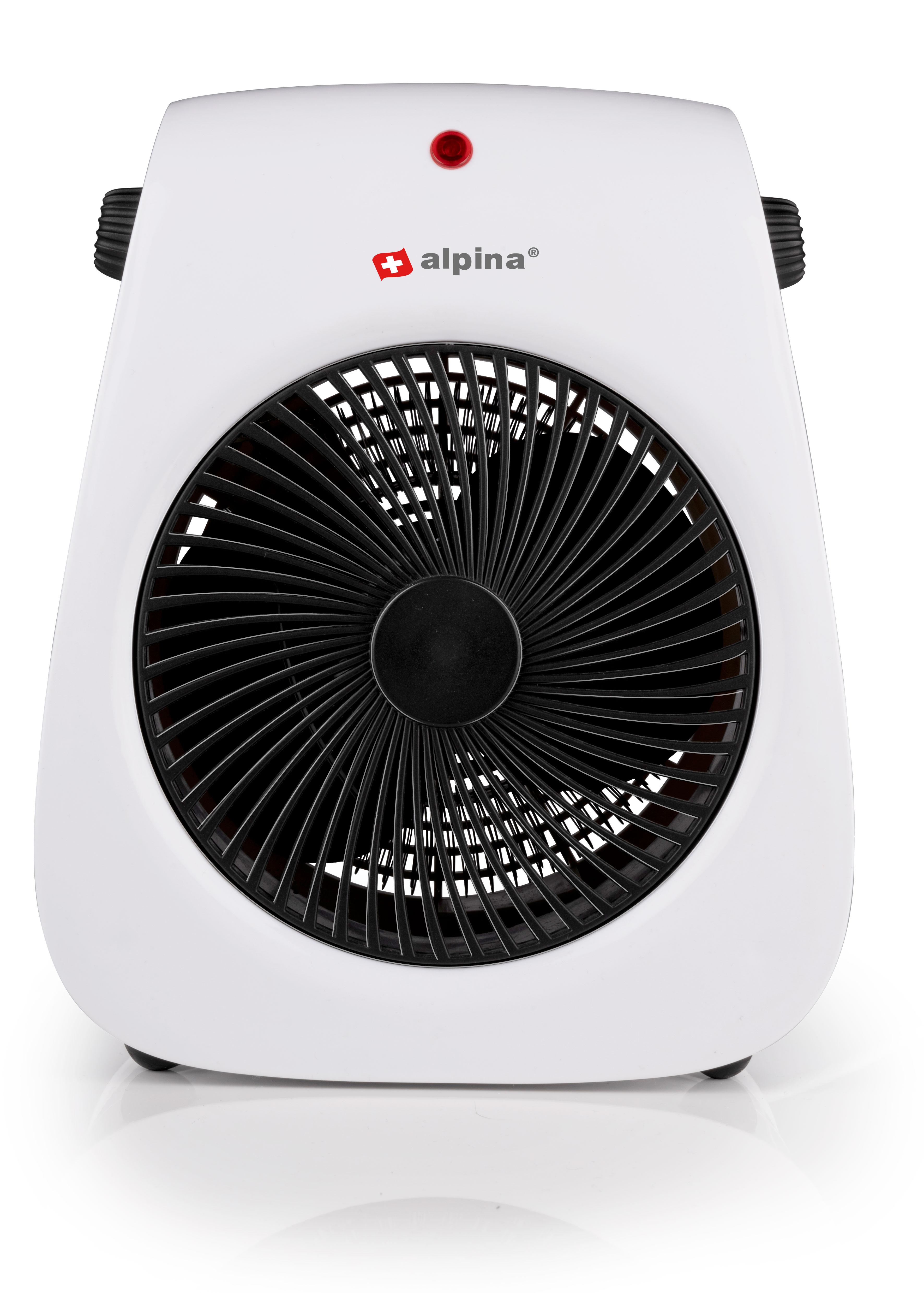A white fan heater with a black grill and a red power light.