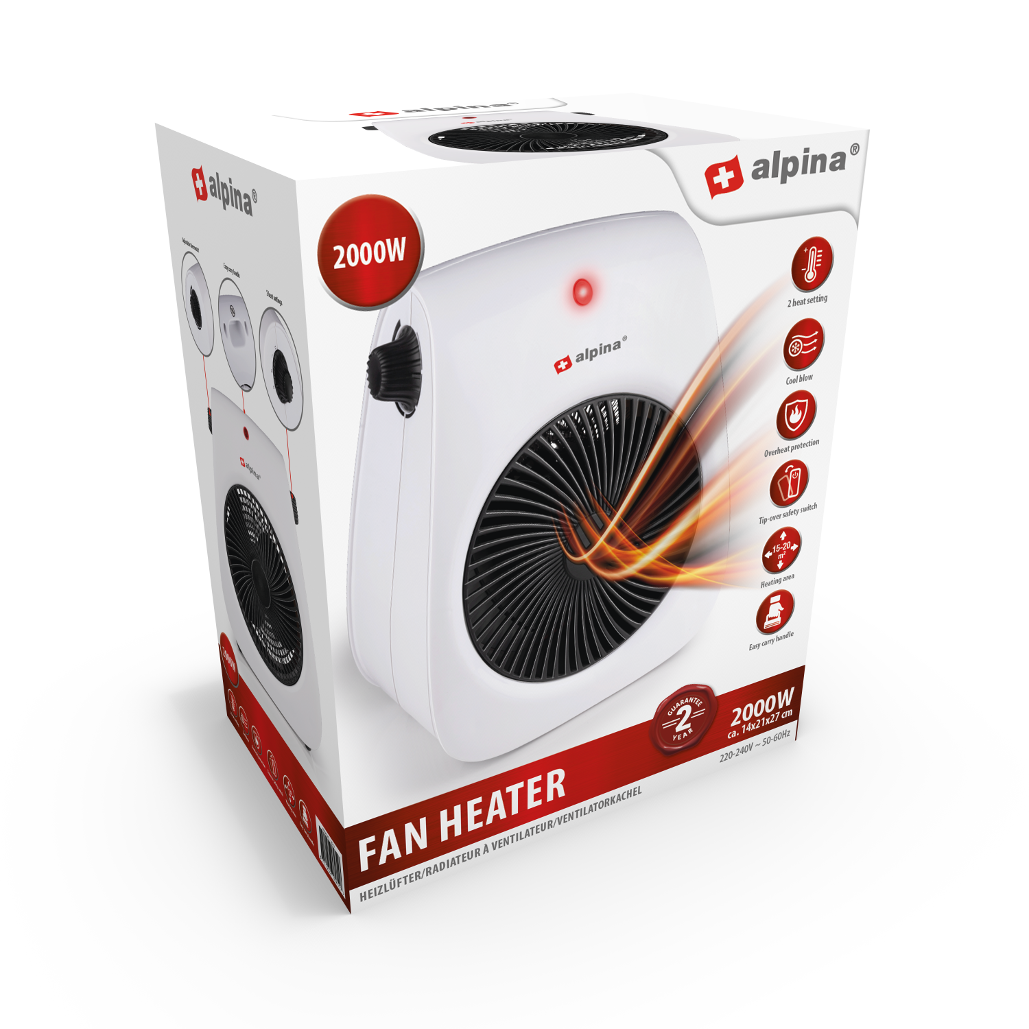 White and black fan heater in a box. It has a red light and black fan.