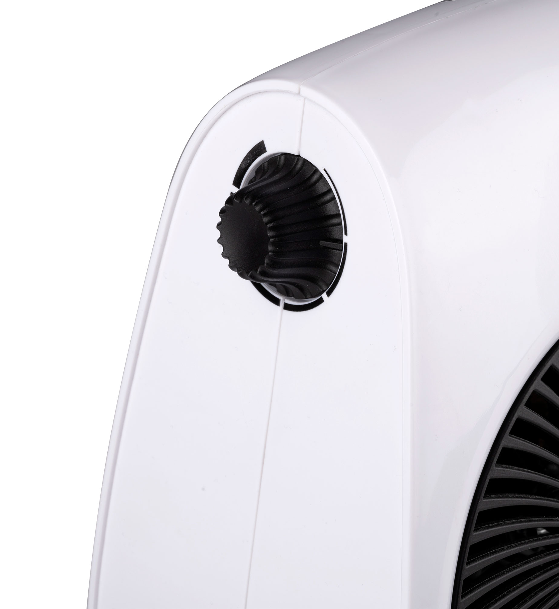 Close-up of a white appliance with a black dial on the side.