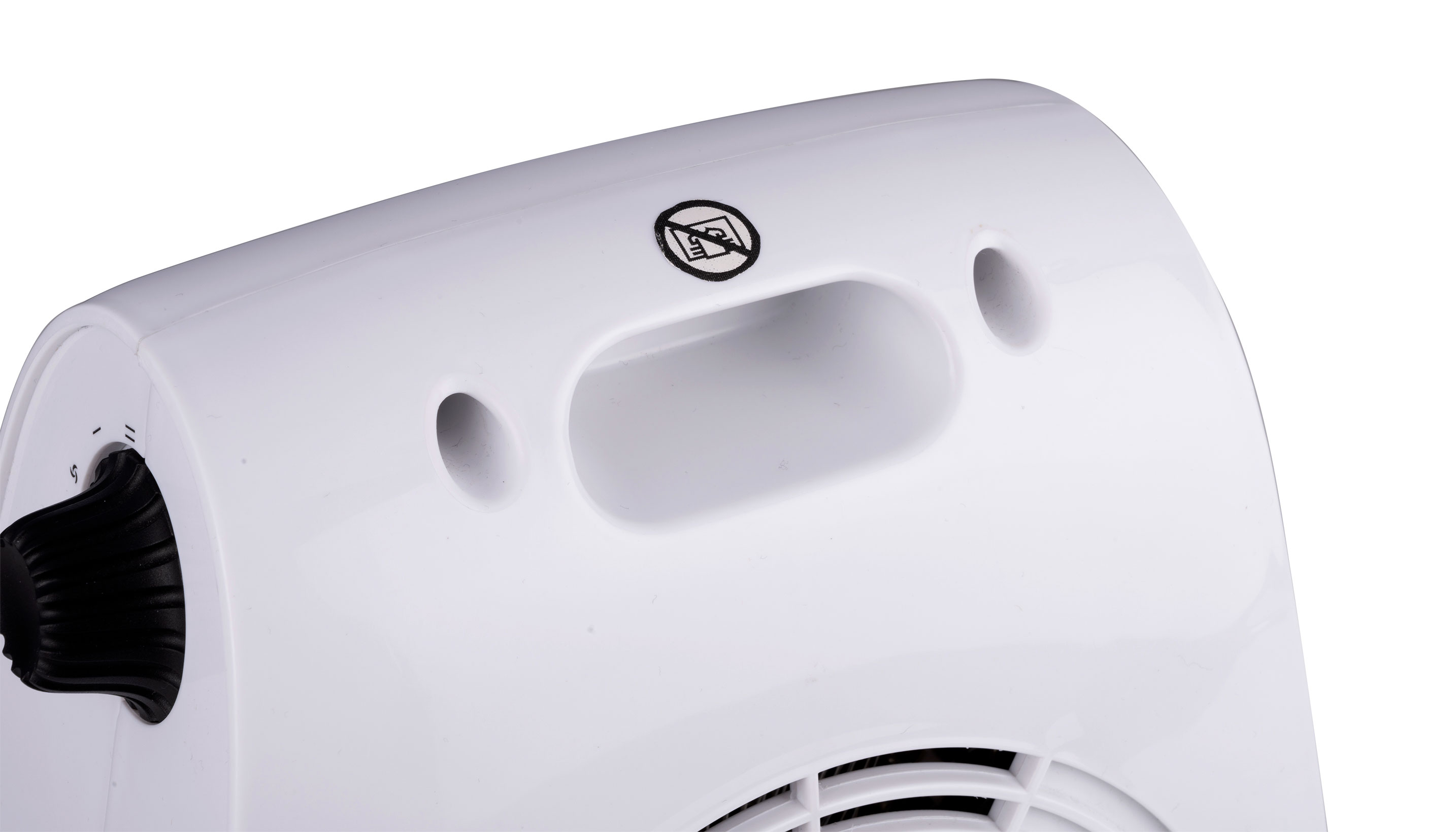 A white electric heater with a handle, knobs, and an off-limit symbol on it.