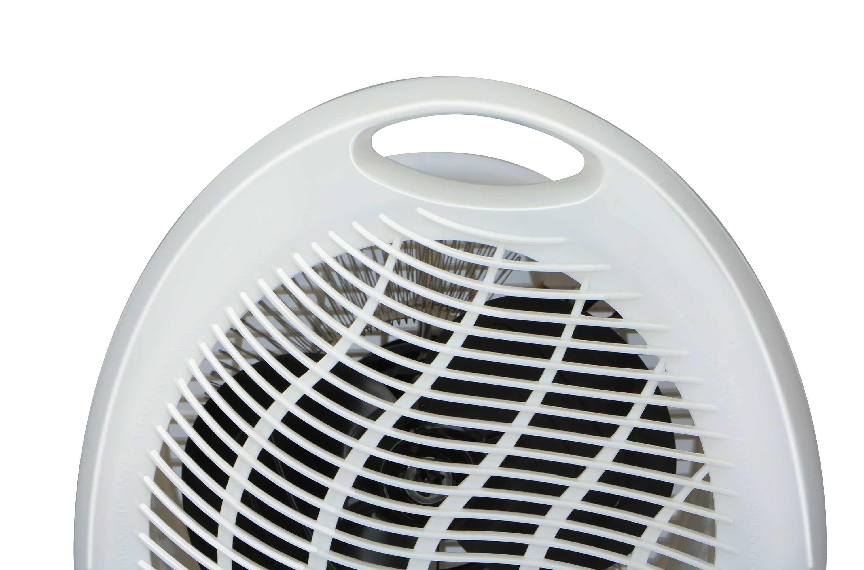 Een witte ventilator met een gebogen ontwerp en een handvat aan de bovenkant.