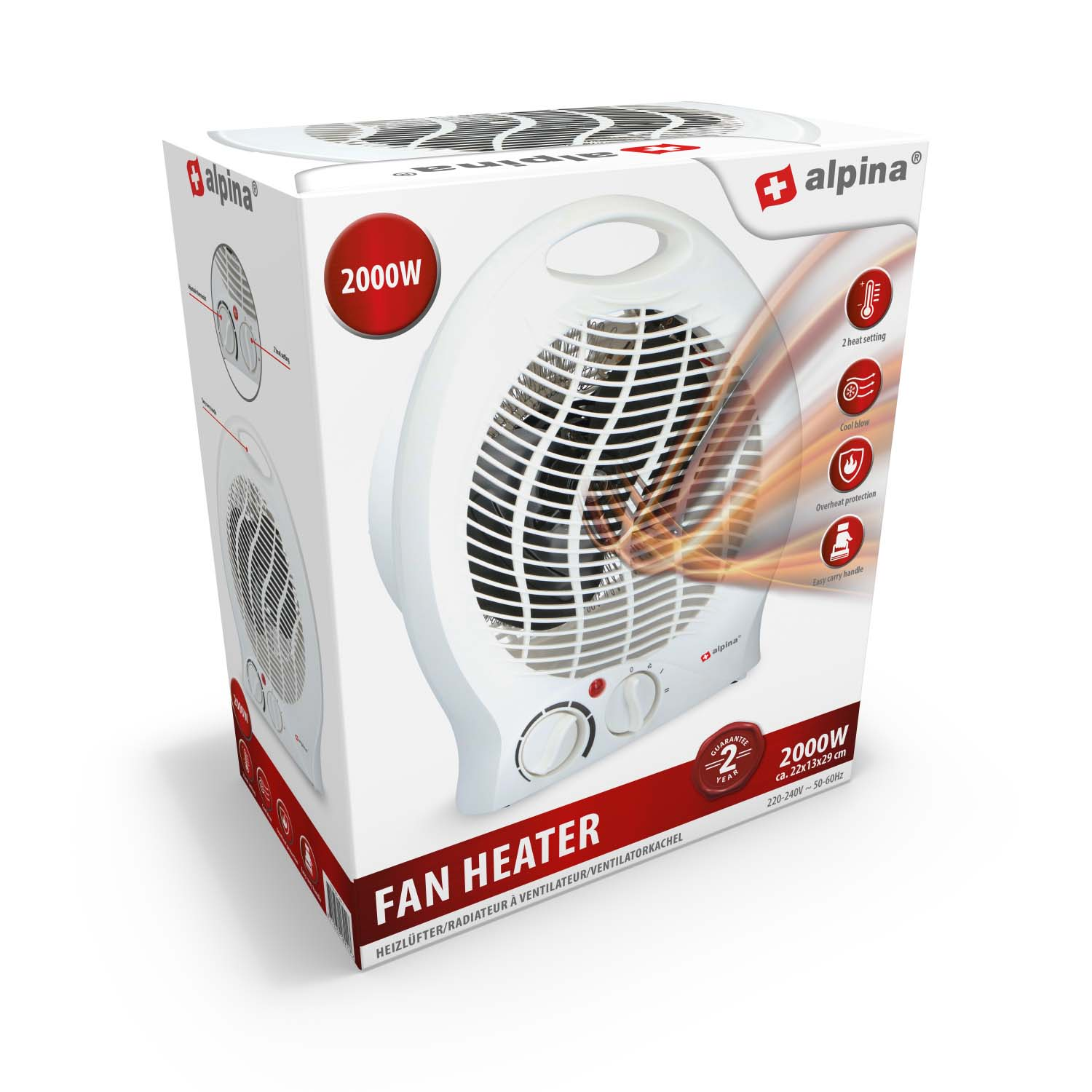Witte ventilatorkachel met een doos. De kachel heeft een rooster en twee bedieningsknoppen.