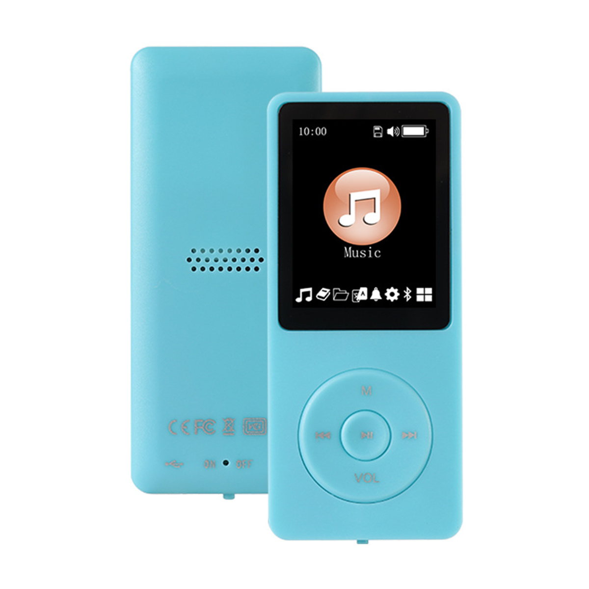 Blauer MP3-Player mit Bildschirm, der eine Musikoberfläche zeigt, mit Rückseite und Tasten.