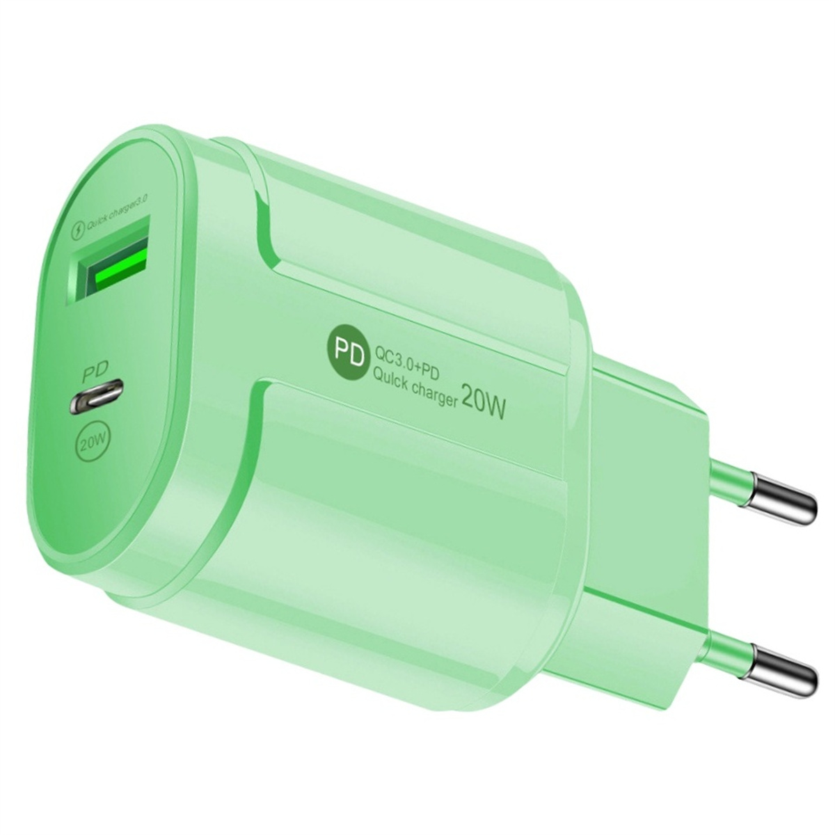 Ein mintgrünes 20W PD QC3.0+PD Schnellladegerät mit USB-Anschluss und Stecker. Das Ladegerät ist auf weißem Hintergrund.