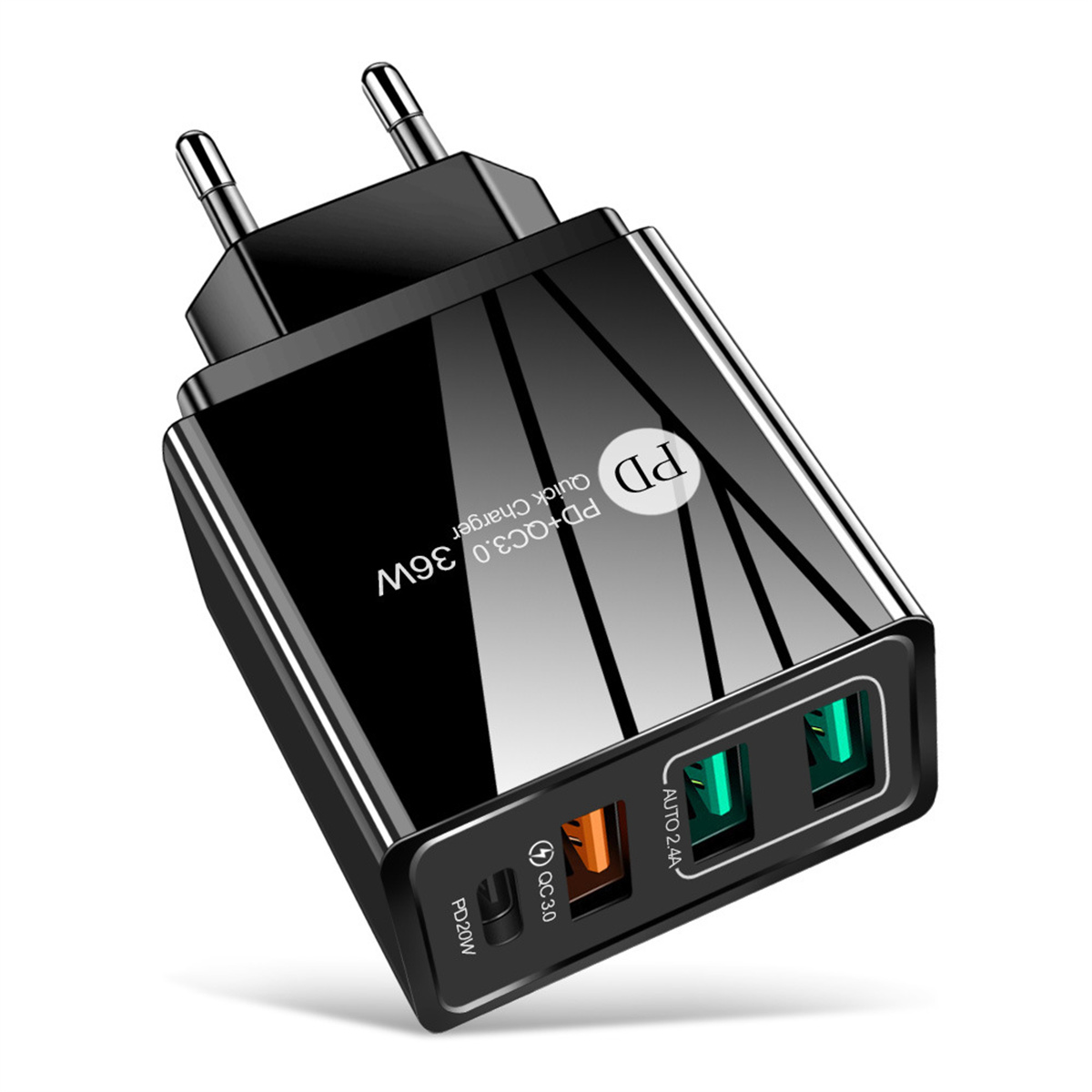 Schwarzes Ladegerät mit zwei USB-Anschlüssen. PD Quick Charger, 36W. Glänzende Oberfläche.