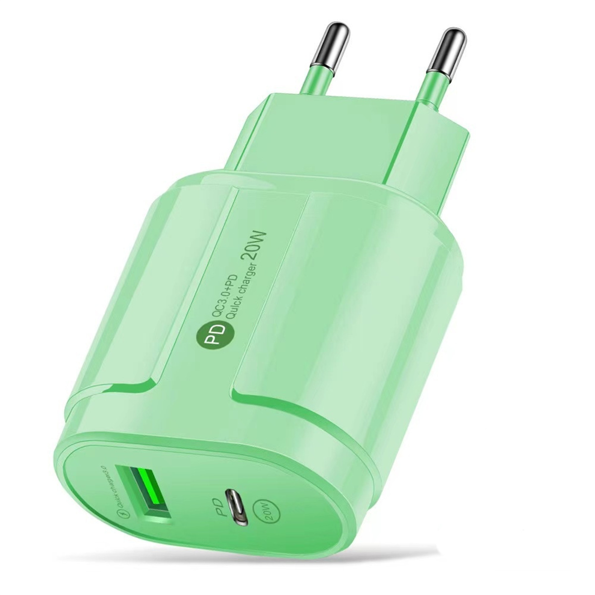 Grünes Ladegerät mit zwei Stiften, USB-Anschluss und PD-Symbol. Modernes, geschwungenes Design.