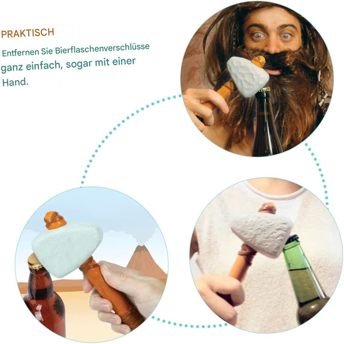 Drei Bilder eines Mannes, der eine Bierflasche mit einem hammerartigen Werkzeug öffnet.