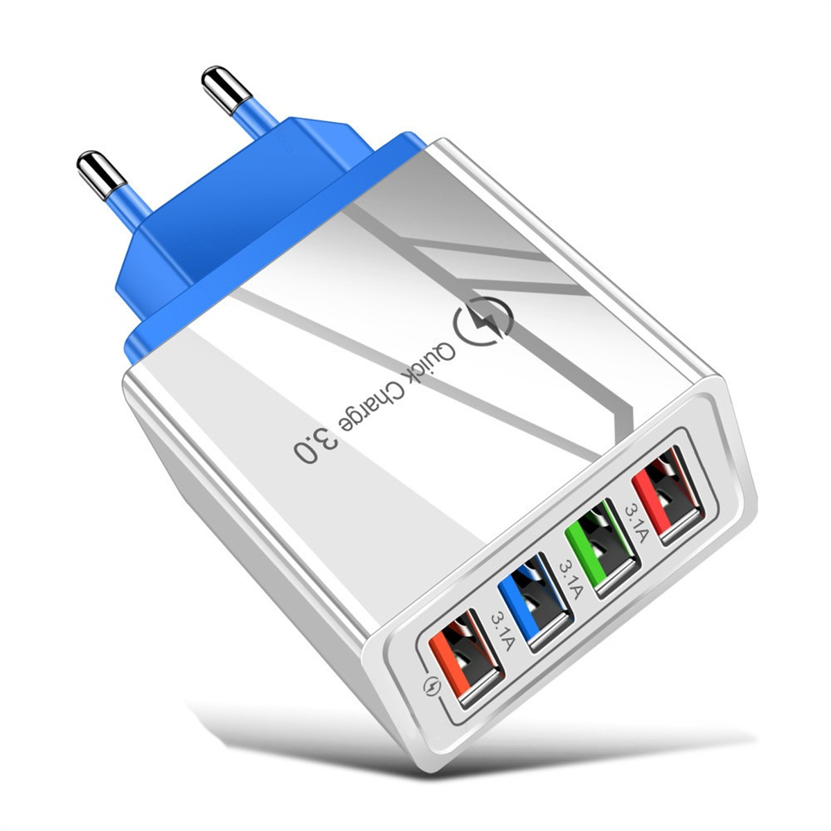 Weiß-blauer Schnellladeadapter mit mehreren USB-Anschlüssen. Text: Quick Charge 3.0. Weißer Hintergrund.