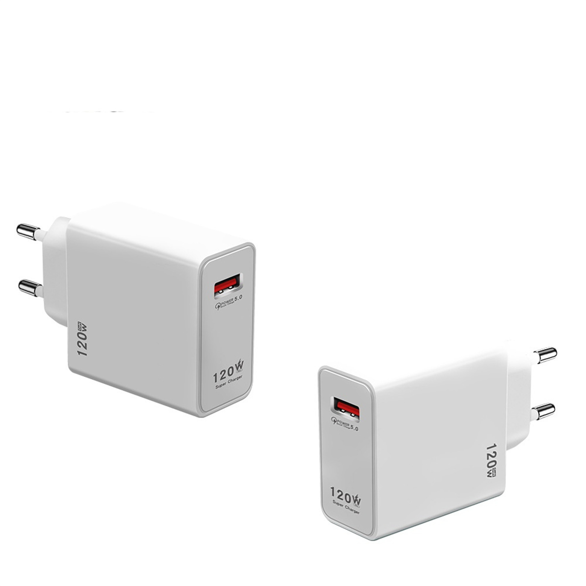 Zwei weiße 120-W-Ladegeräte mit rotem USB-Anschluss.