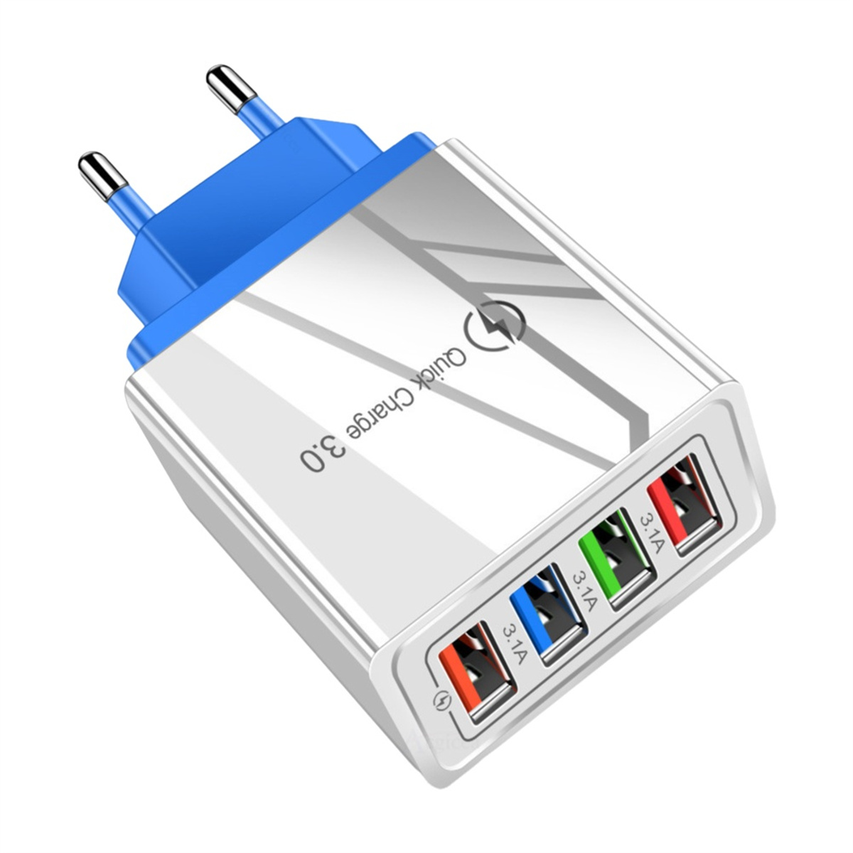 Ein weißes Ladegerät mit vier USB-Anschlüssen und einem blauen Stecker.