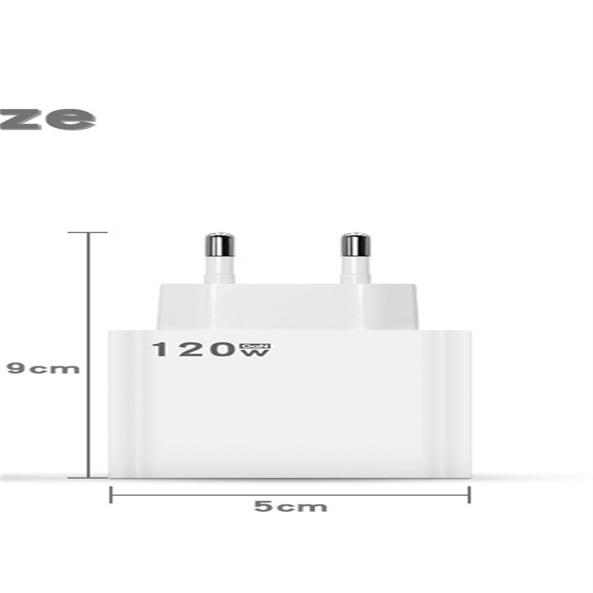 Weißes Ladegerät mit 120W-Text, mit den Abmessungen 9cm x 5cm.