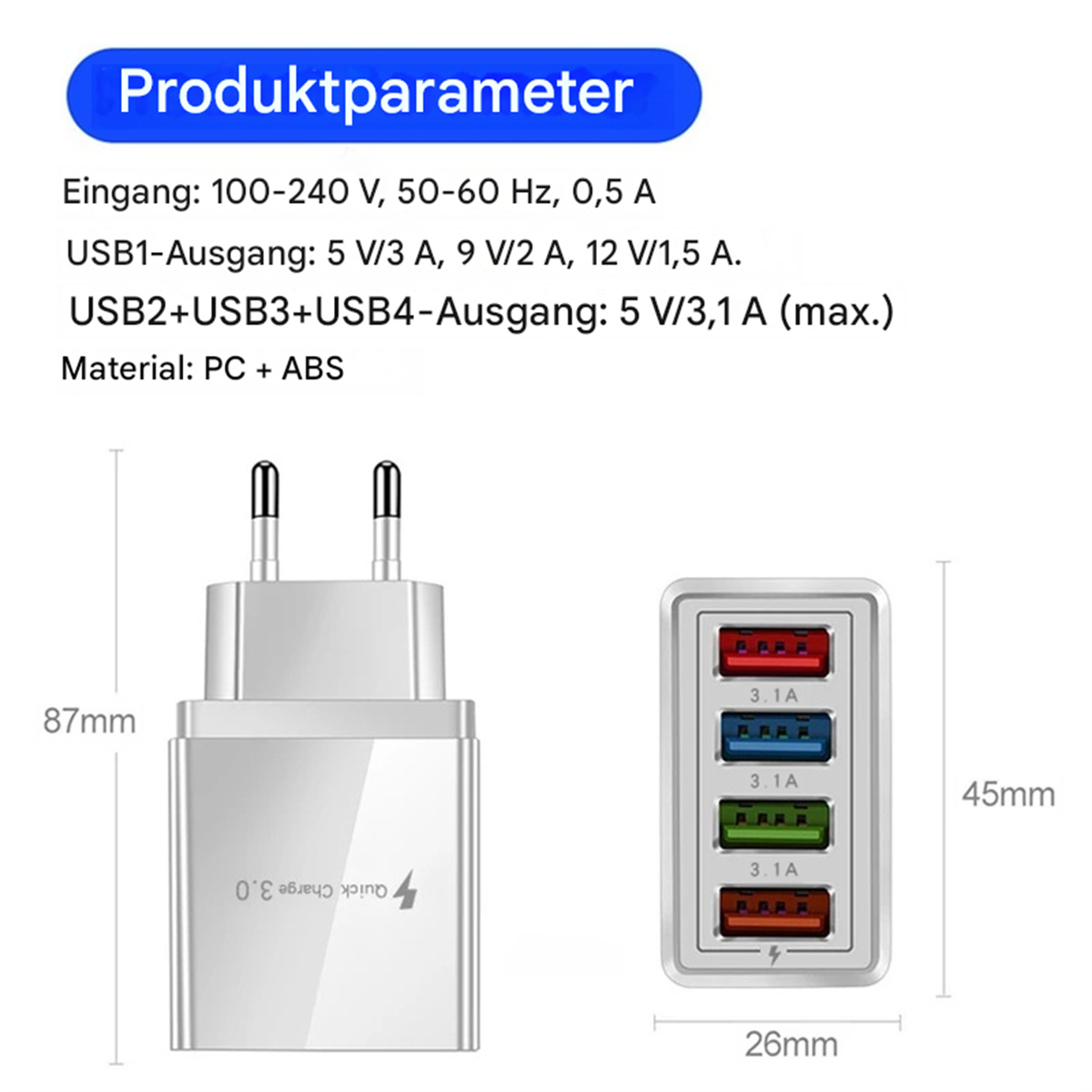 Weißes Ladegerät mit 4 USB-Anschlüssen und Spezifikationen.