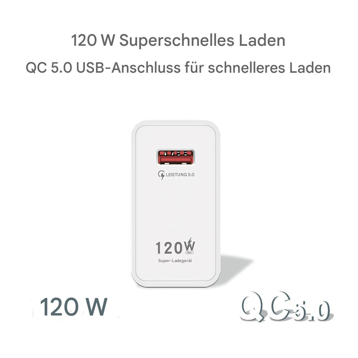 Ein weißes und rotes Ladegerät mit Text, das 120 W Schnellladen und QC 5.0 USB bewirbt.