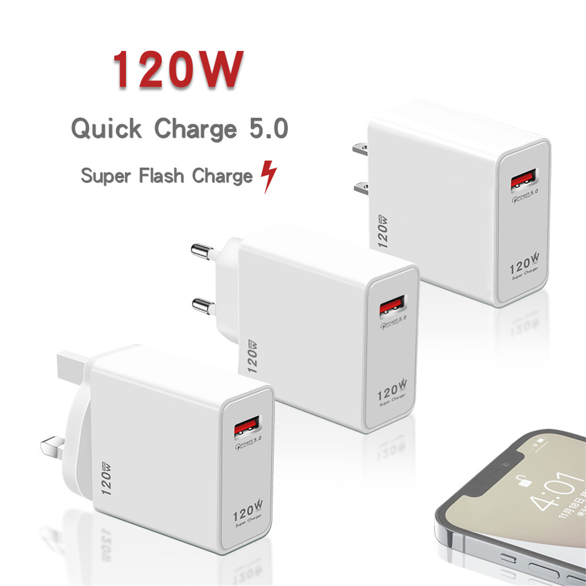 Weiße Ladegeräte mit Leistungsdaten. Ein Telefon ist im Hintergrund. Text ist 120W Quick Charge 5.0.