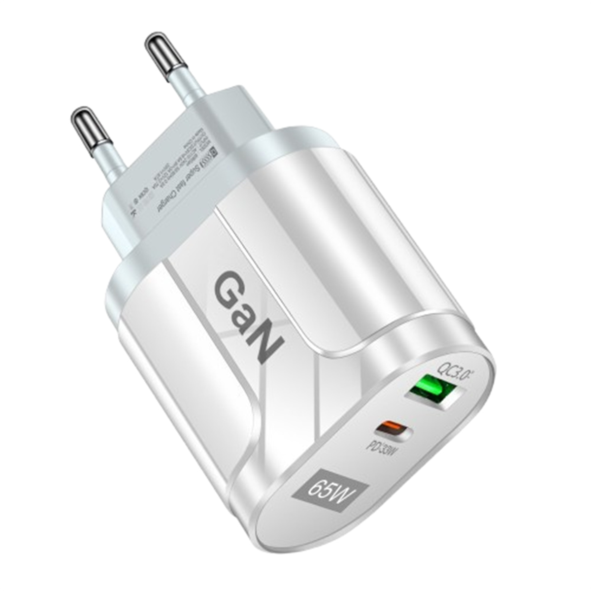 Weißes und silbernes GaN-Ladegerät mit USB-Anschlüssen und Stiften.