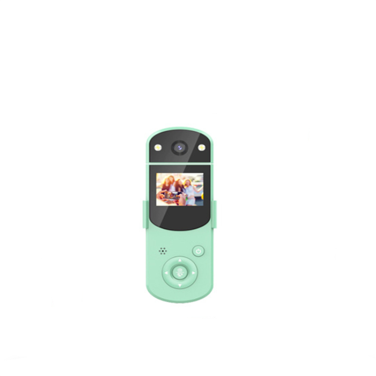 Grüne Digitalkamera mit einem Bildschirm, der ein Foto von Menschen zeigt. Es hat Knöpfe.