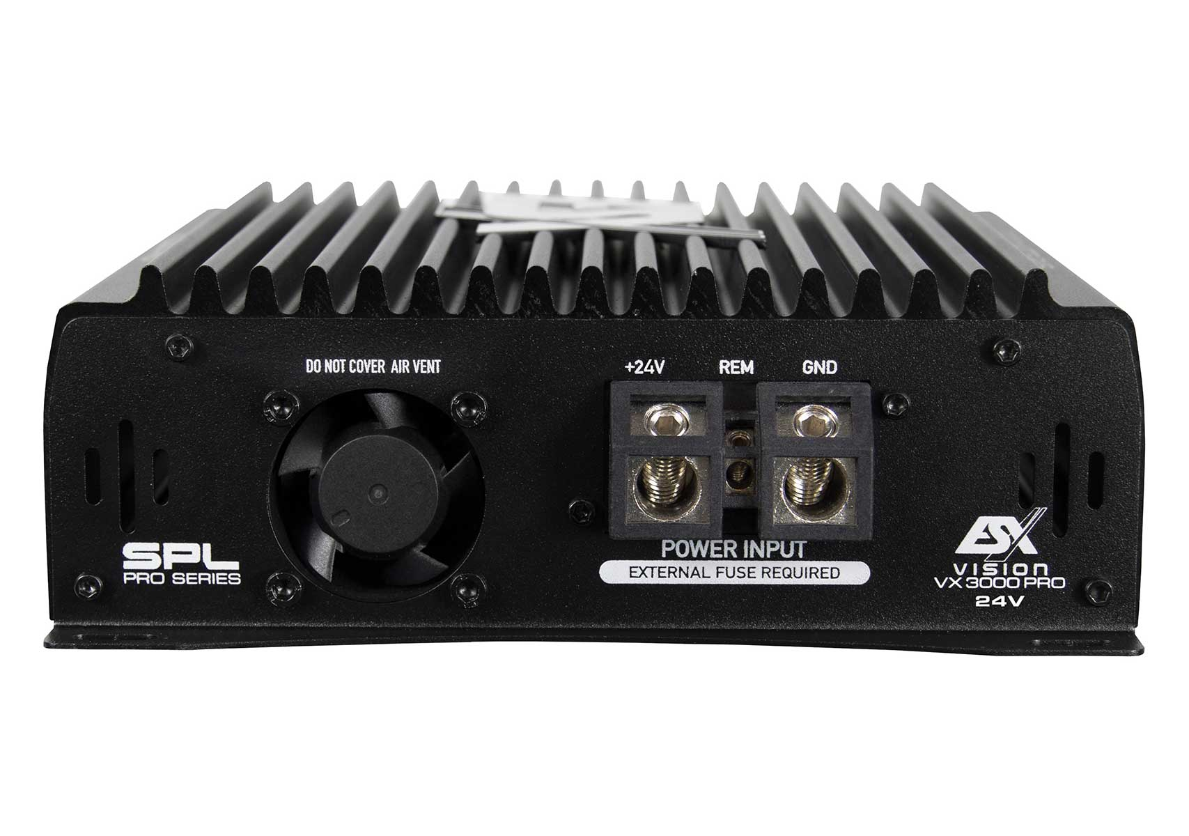 Die schwarze Rückseite eines Audioverstärkers mit Kühlrippen und Eingangs-/Ausgangsanschlüssen. "SPL" und "VX 3000 PRO" sind sichtbar.