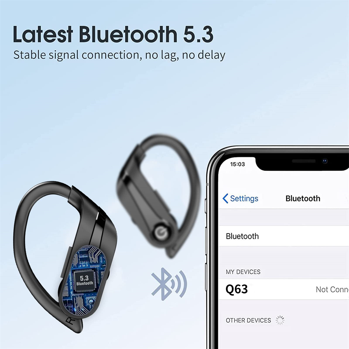 Schwarze kabellose Sport-Ohrhörer und Telefon mit Bluetooth-Einstellungen.