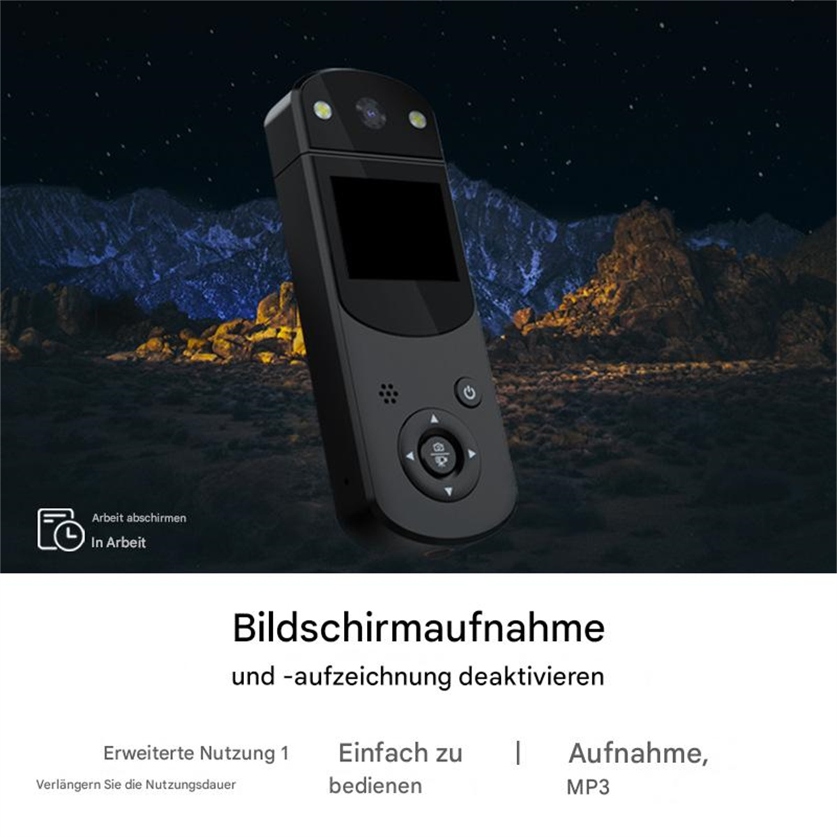Schwarzes Kameragerät mit Knöpfen und Bildschirm, Text auf Deutsch.