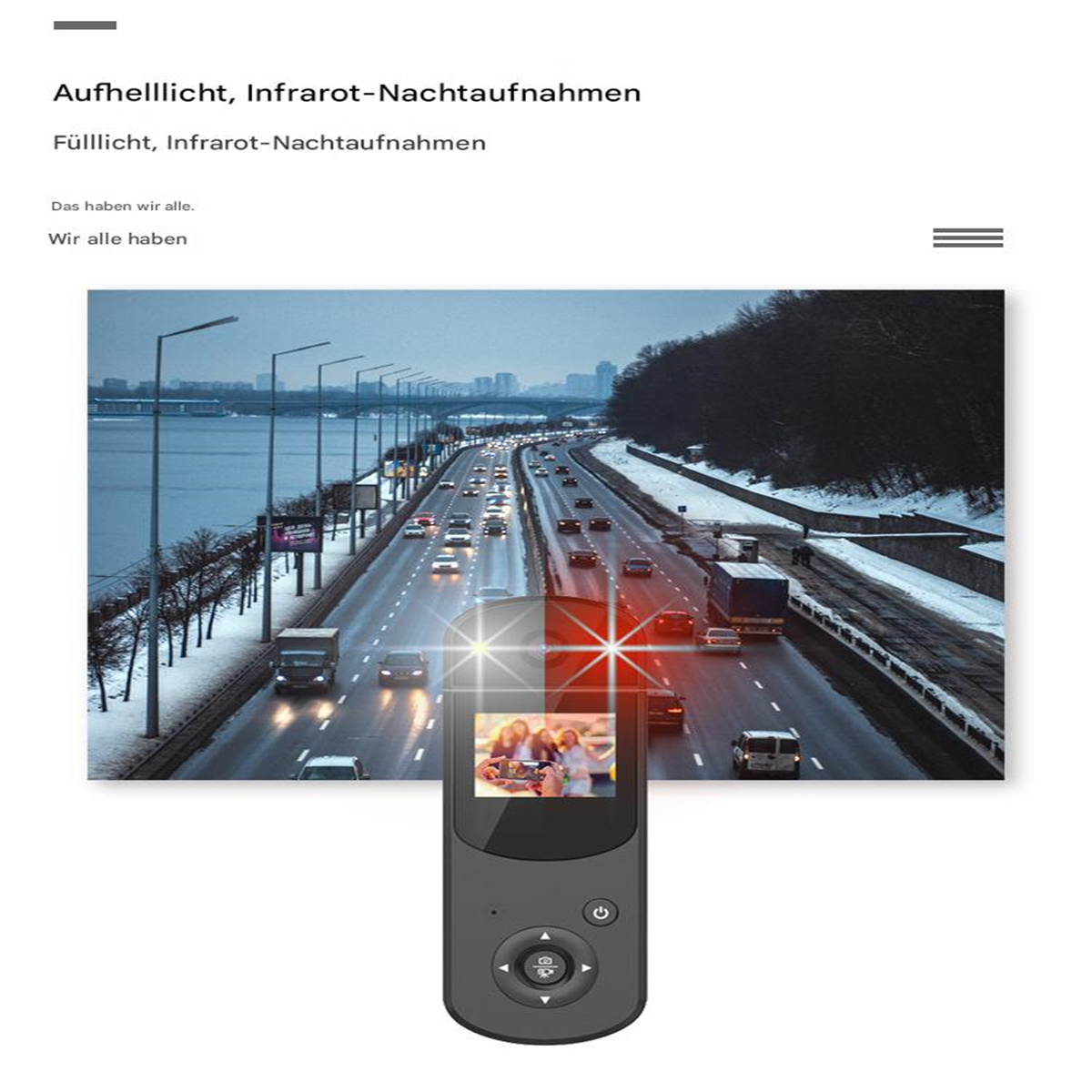 Ein Gerät und eine Autobahn bei Nacht. Das Gerät zeigt Bilder von Menschen.