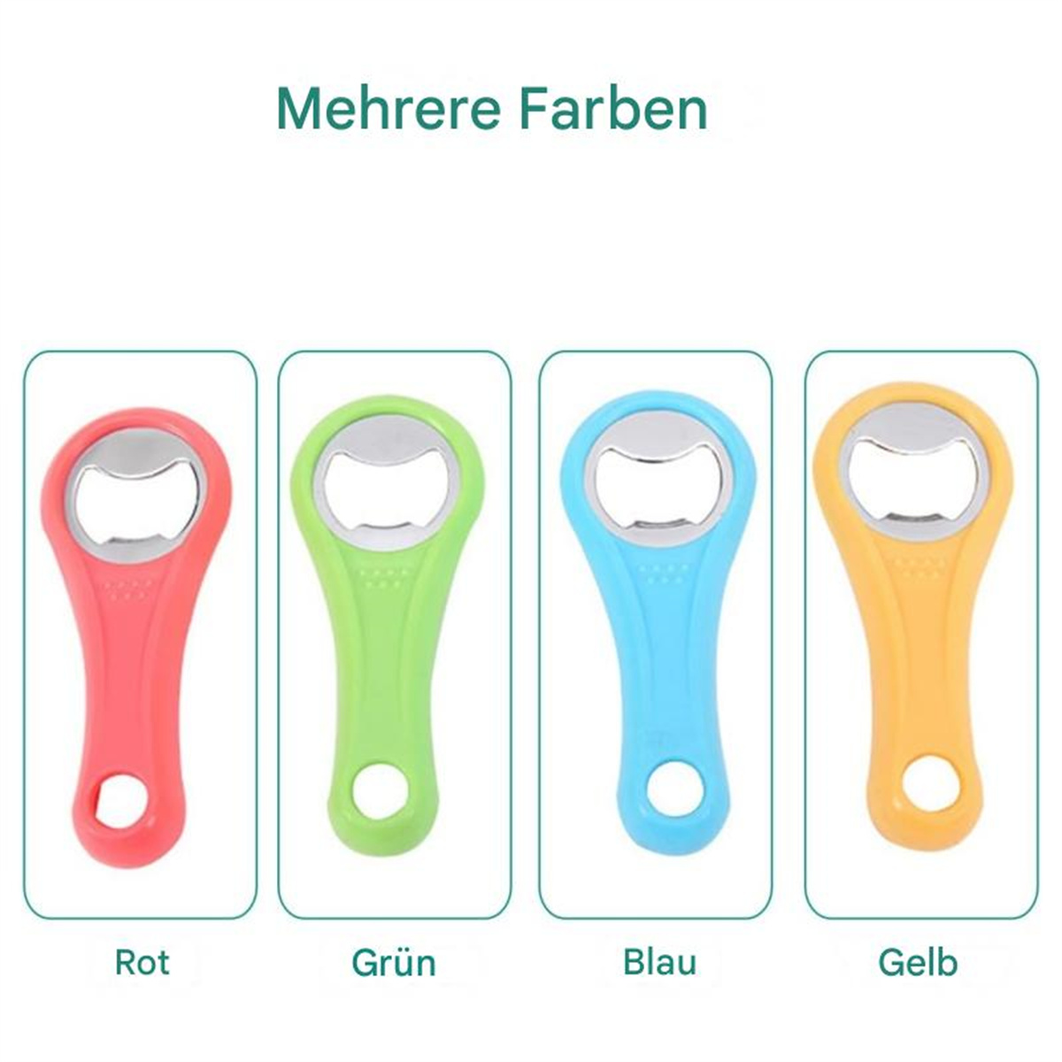 Vier Flaschenöffner in verschiedenen Farben: rot, grün, blau und gelb, mit Textbeschriftungen darunter.