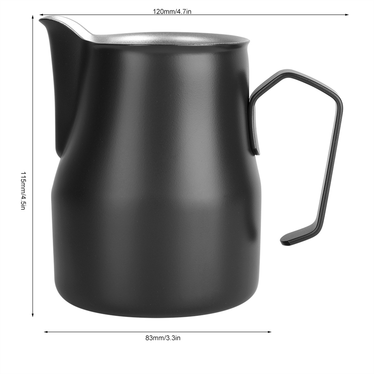 Eine schwarze Milchkanne aus Edelstahl mit Griff und Ausguss, Abmessungen im Bild angezeigt.