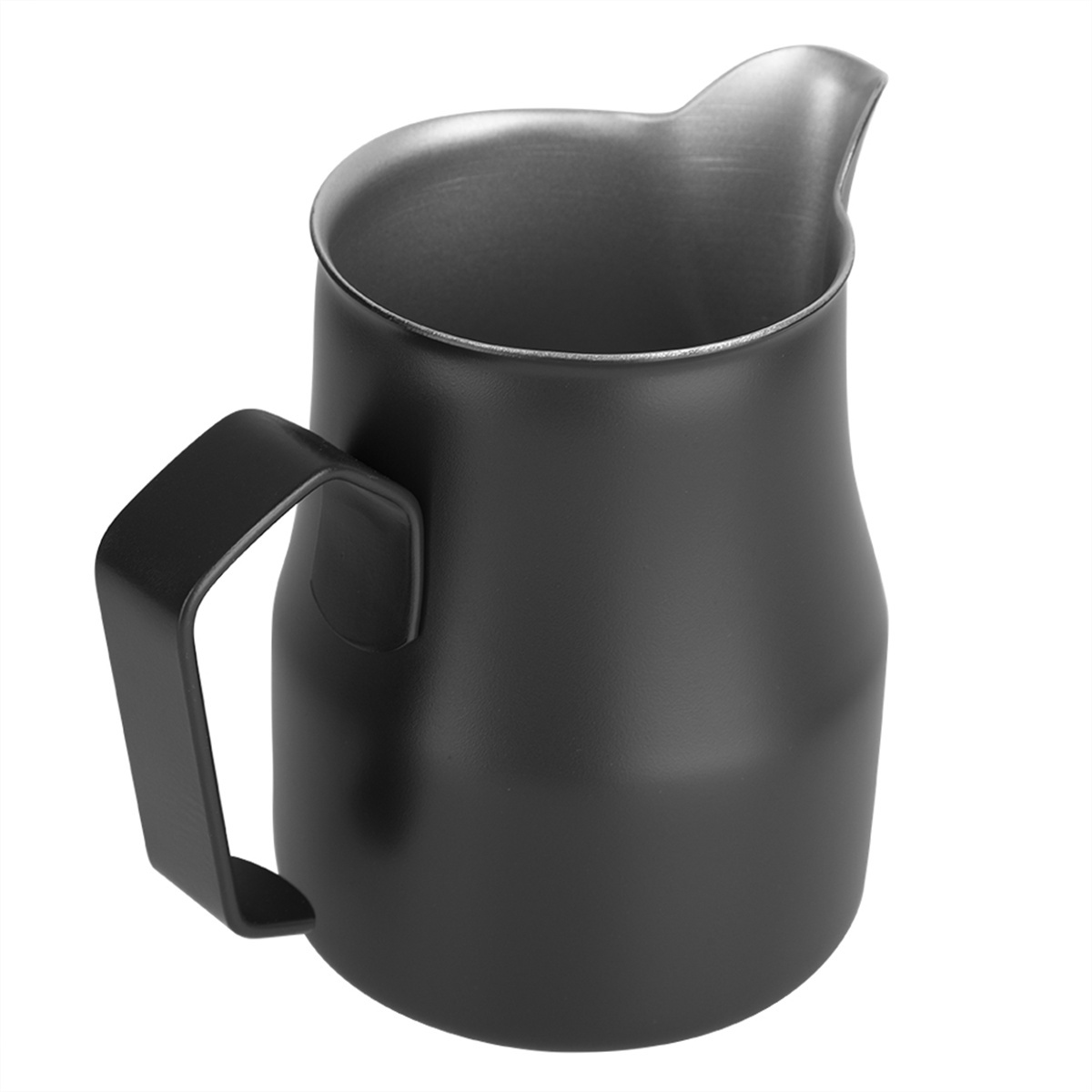 Schwarzer Krug mit Henkel. Glänzendes metallisches Innere.