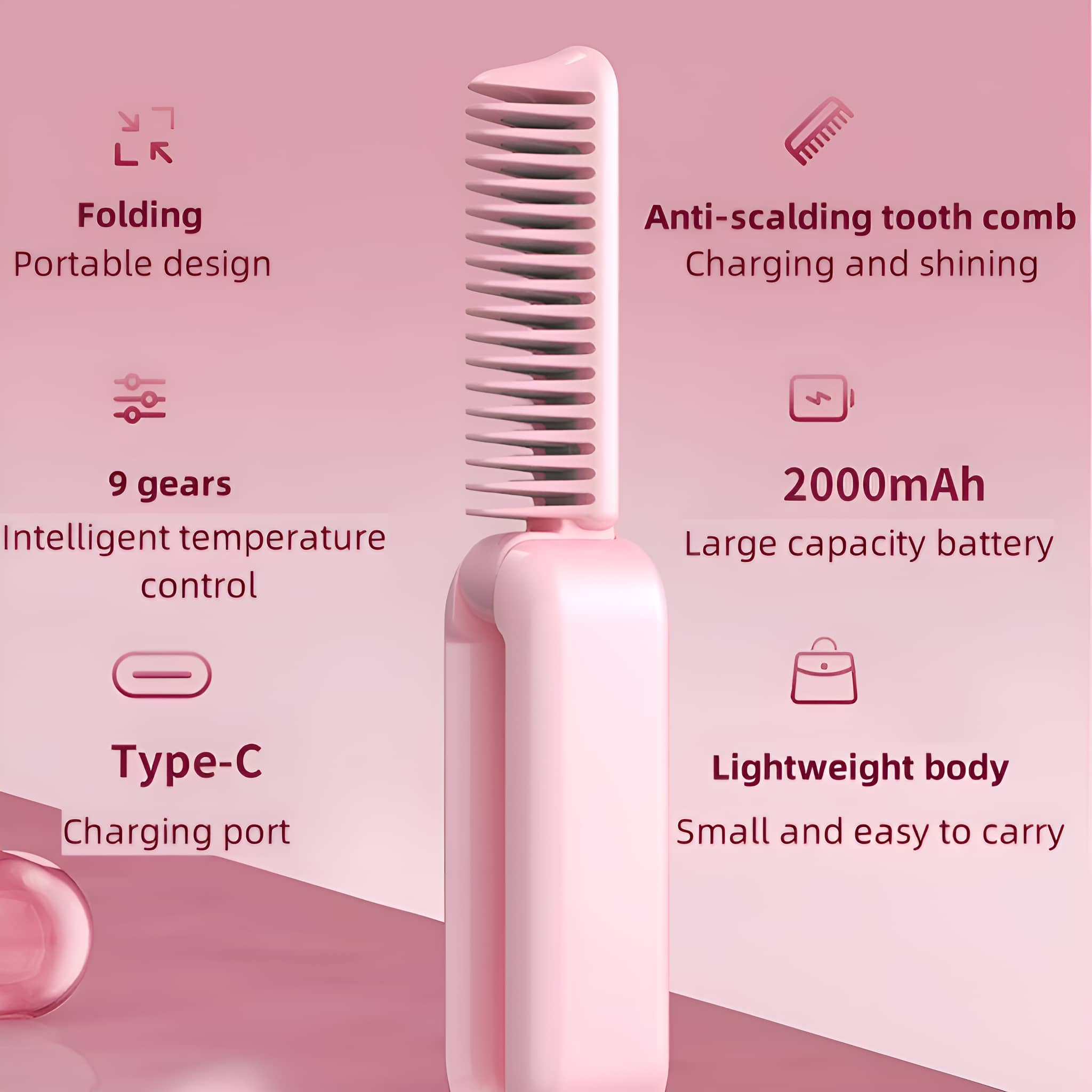 Rosa Haarkamm mit Funktionen: faltbar, verbrühungssicher, 9 Gänge, 2000mAh, Typ-C und leicht.