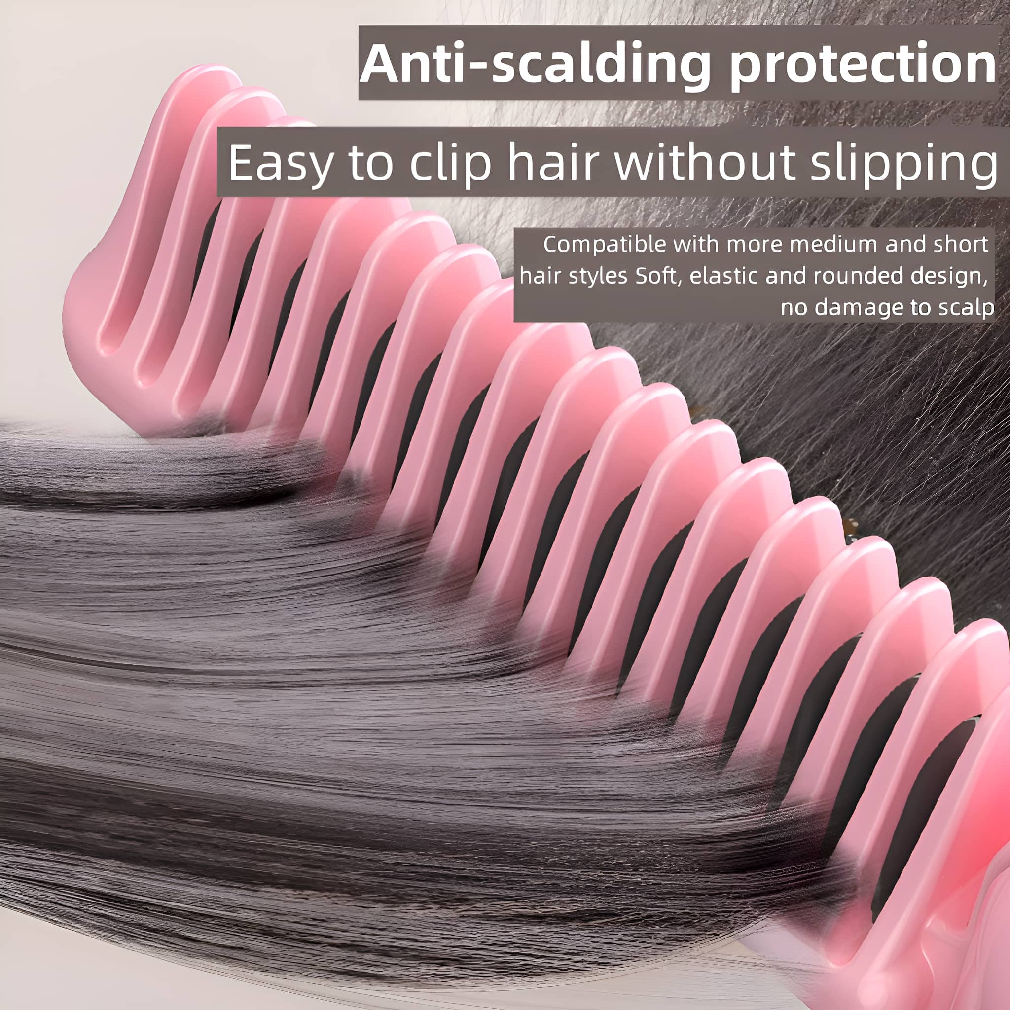 Pinker Haarkamm mit Text: Verbrühungsschutz, einfaches Einklemmen der Haare, weich, elastisch.