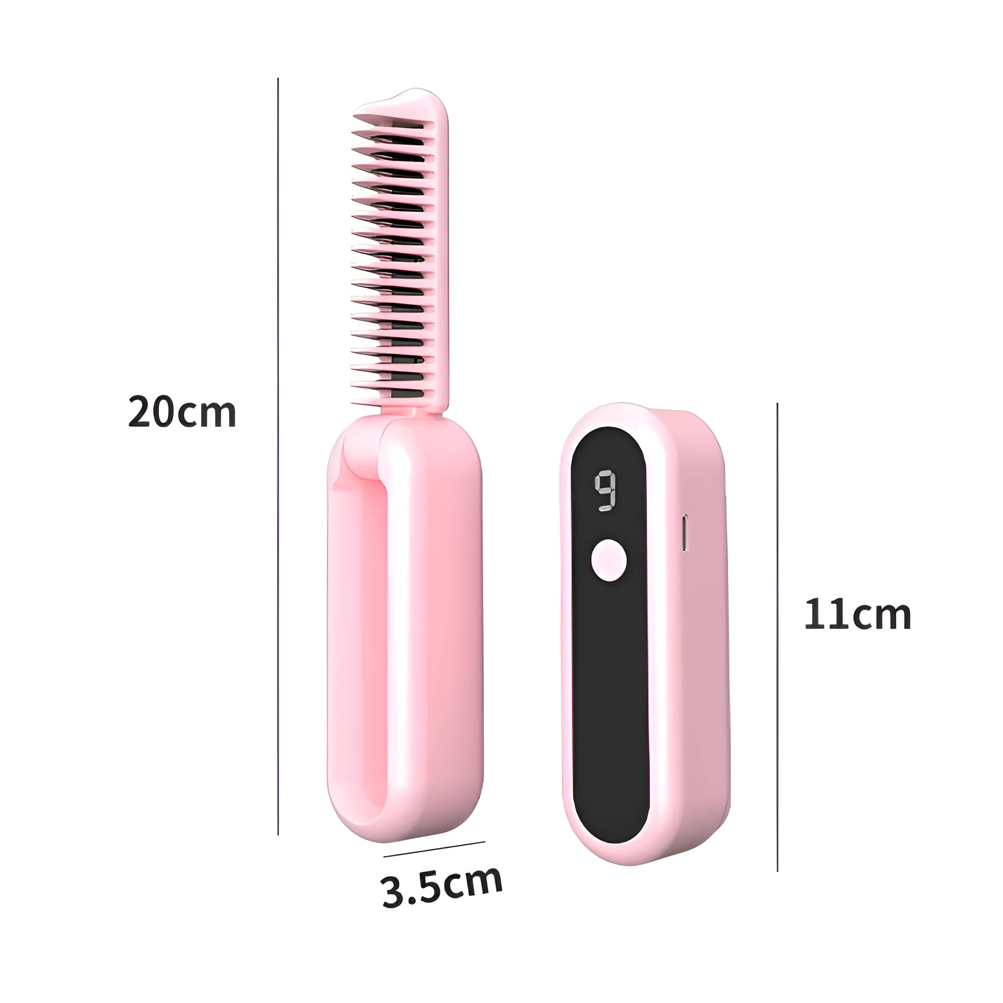Rosa Haarstyling-Tool mit Kamm und einem anderen Teil, der die Abmessungen zeigt.