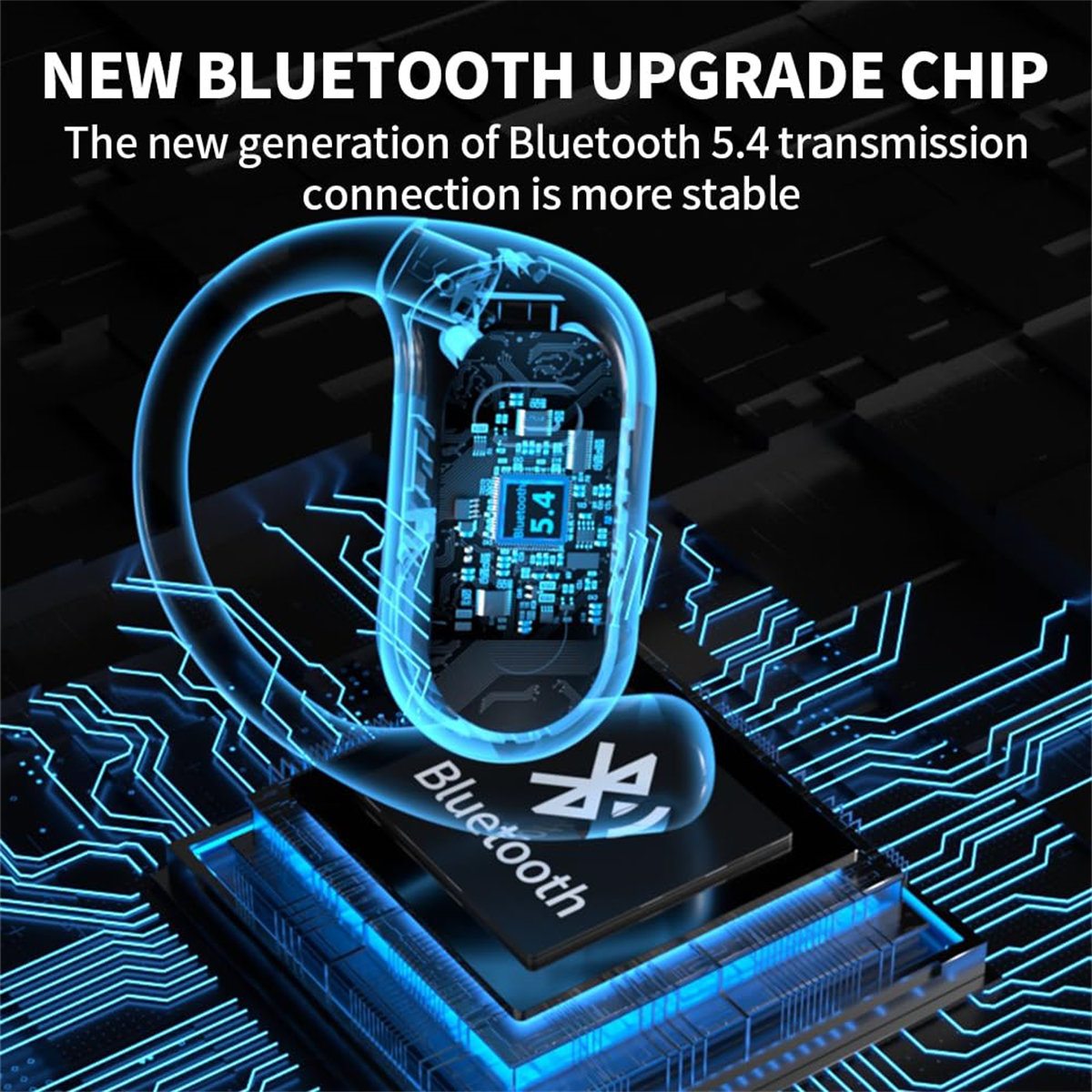Blaues und weißes Design mit futuristischem Kopfhörer mit Text über Bluetooth.