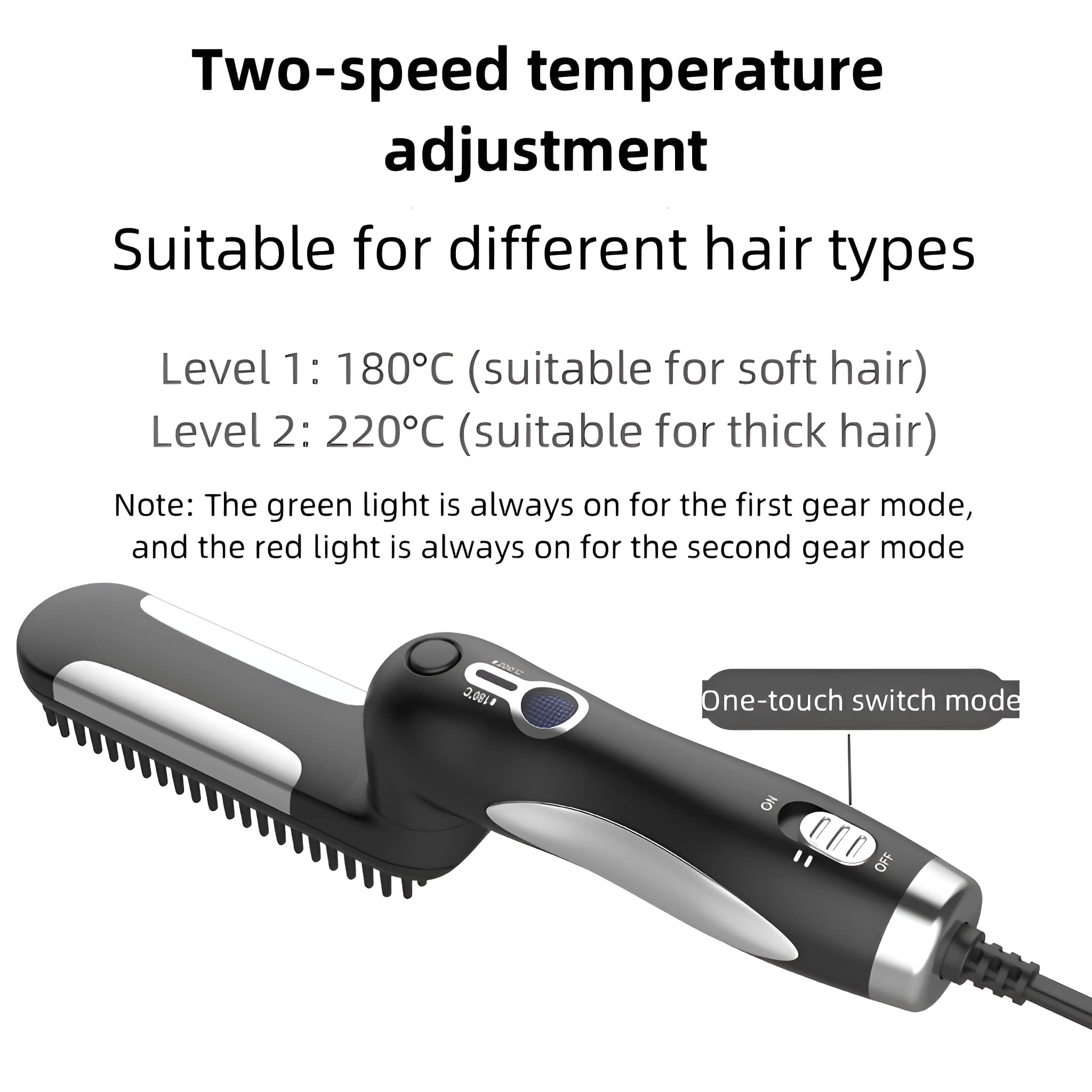 Ein Haarglättungskamm mit Temperatureinstellungen und Text.
