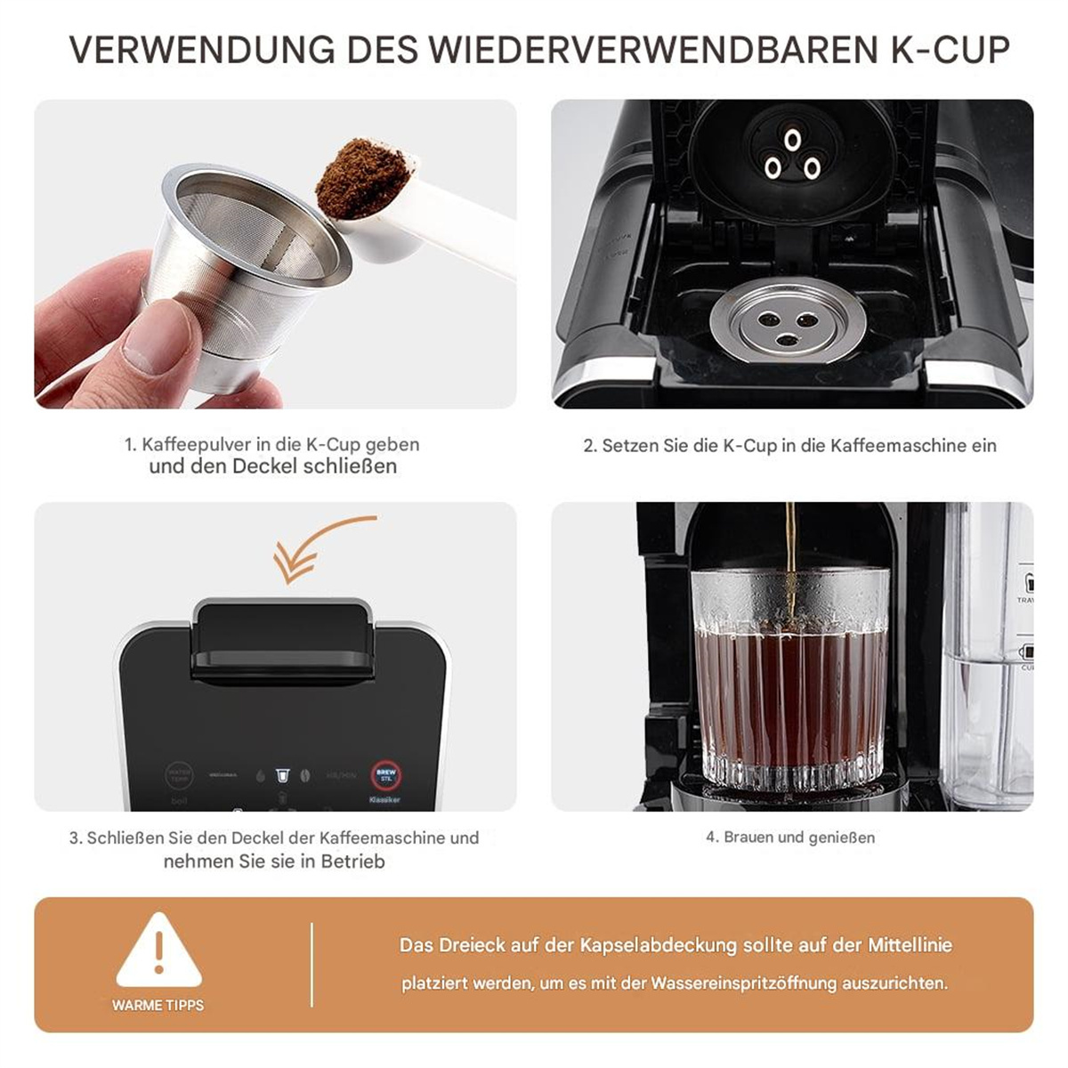 Diagramm zur Verwendung eines wiederverwendbaren K-Cups. Enthält Füllen, Einsetzen, Schließen und Brühen.
