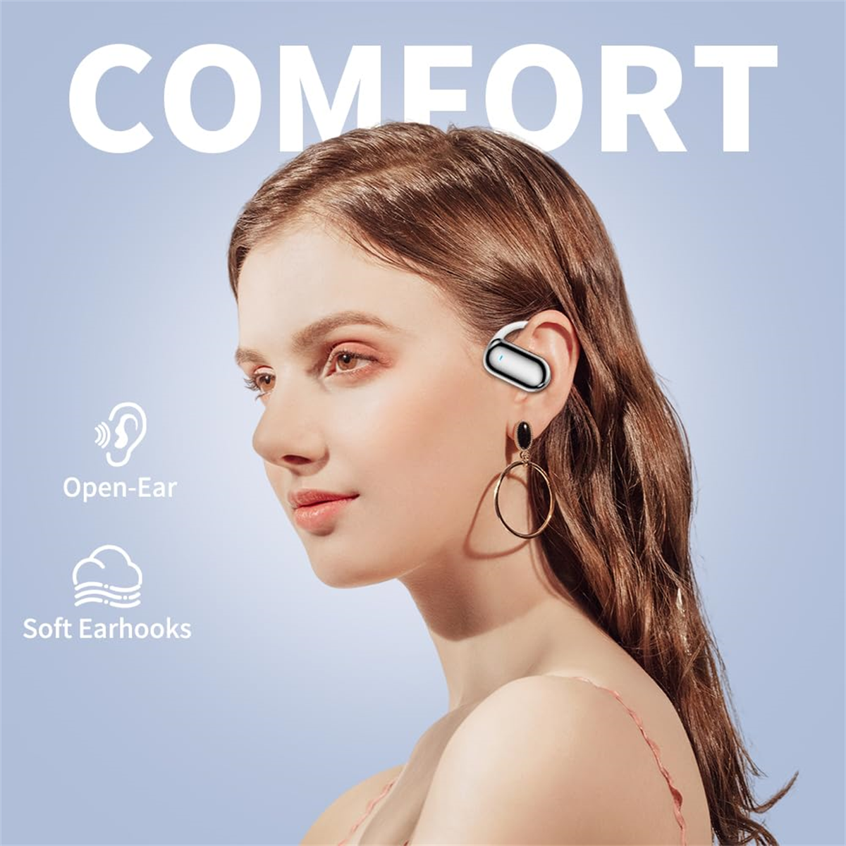 Frau mit Open-Ear-Kopfhörer. Das Wort 'COMFORT' steht oben. Icons: Open-Ear, Soft Earhooks.