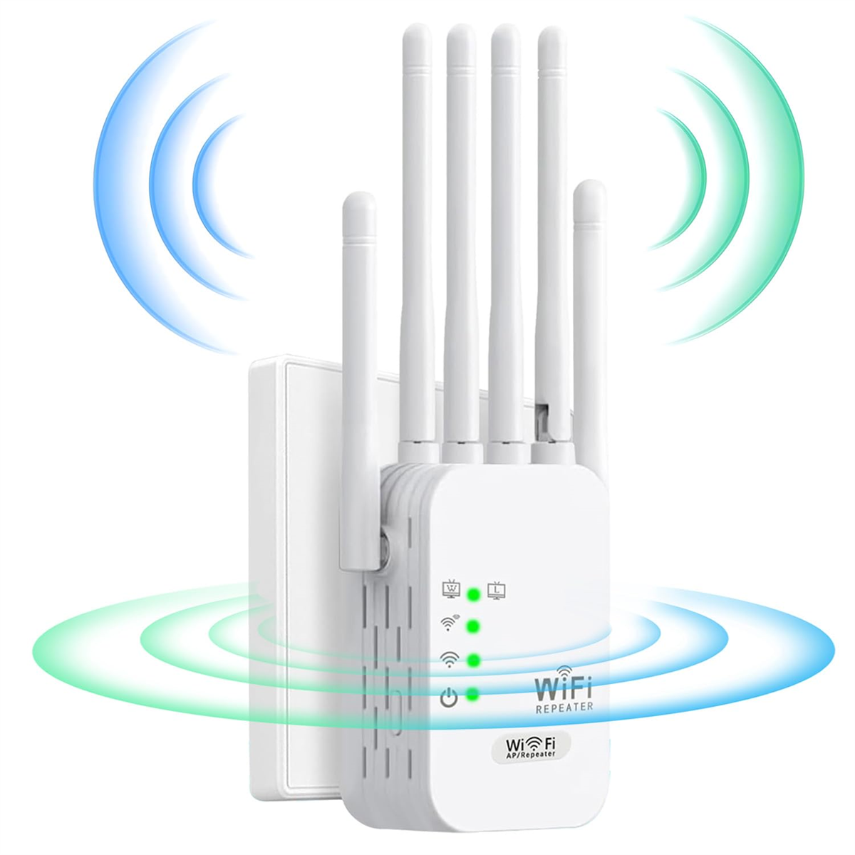 Weißer WLAN-Repeater mit Antennen und WLAN-Symbol. Grüne und blaue Wellen darum. Weißer Hintergrund.