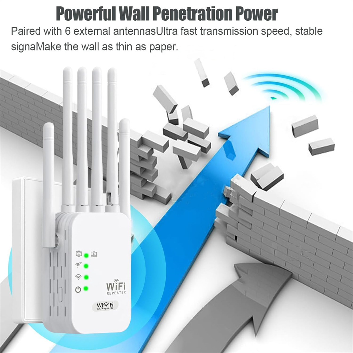 Weißer WLAN-Repeater mit Antennen. Ein blauer Pfeil zeigt durch eine Wand. WLAN-Symbol sichtbar.