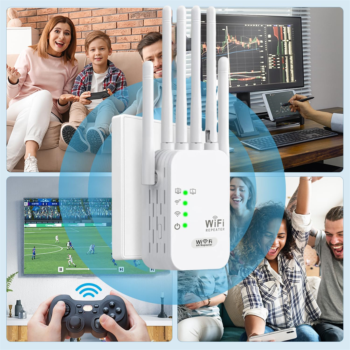 WLAN-Repeater mit mehreren Geräten, die ihn verwenden. Enthält Fernseher, Computer und Personen.