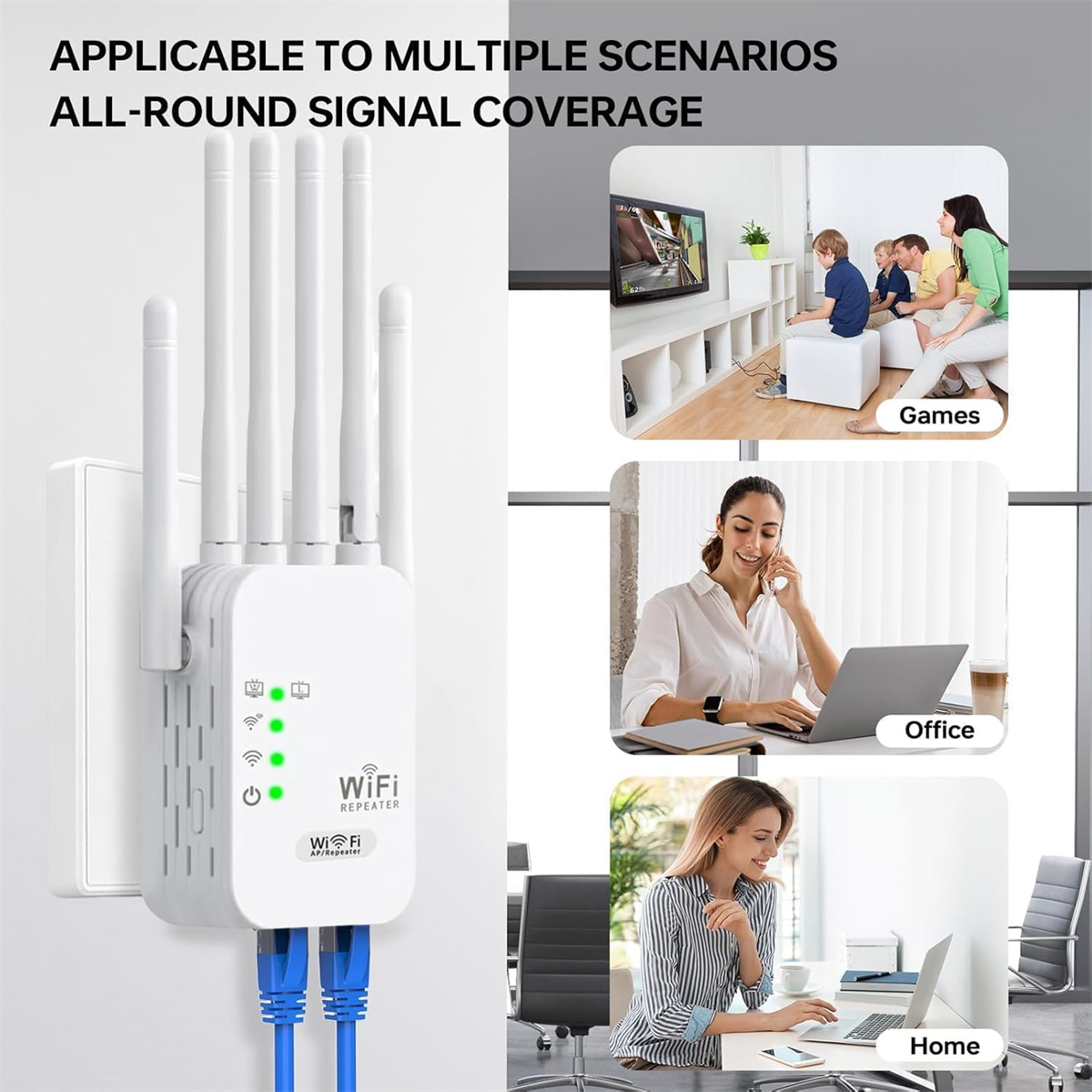 WLAN-Repeater eingesteckt. Szenen zeigen die Abdeckung in Büro, Zuhause und Gaming-Setup.