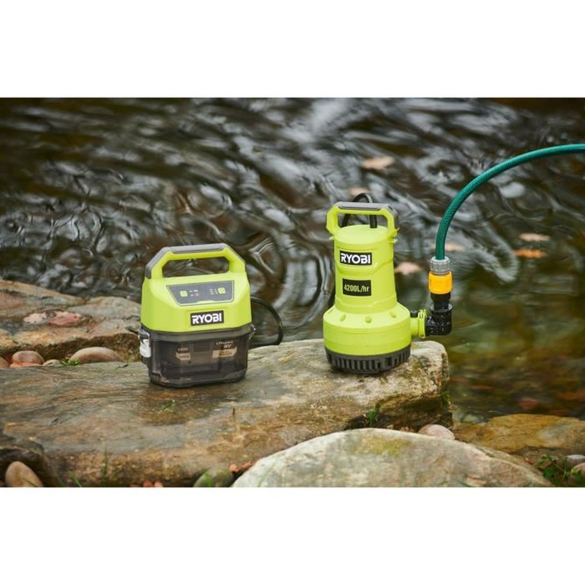 Deux pompes à eau Ryobi vertes sur pierre, tuyau vert dans l'eau.